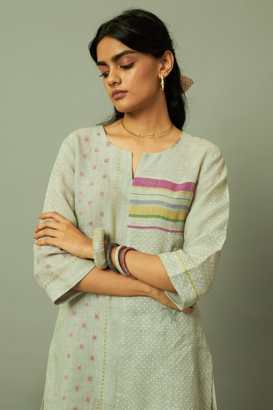 Grey Block Print 100% Linen Coord Set with Multi-Stripe Panel | Oregano