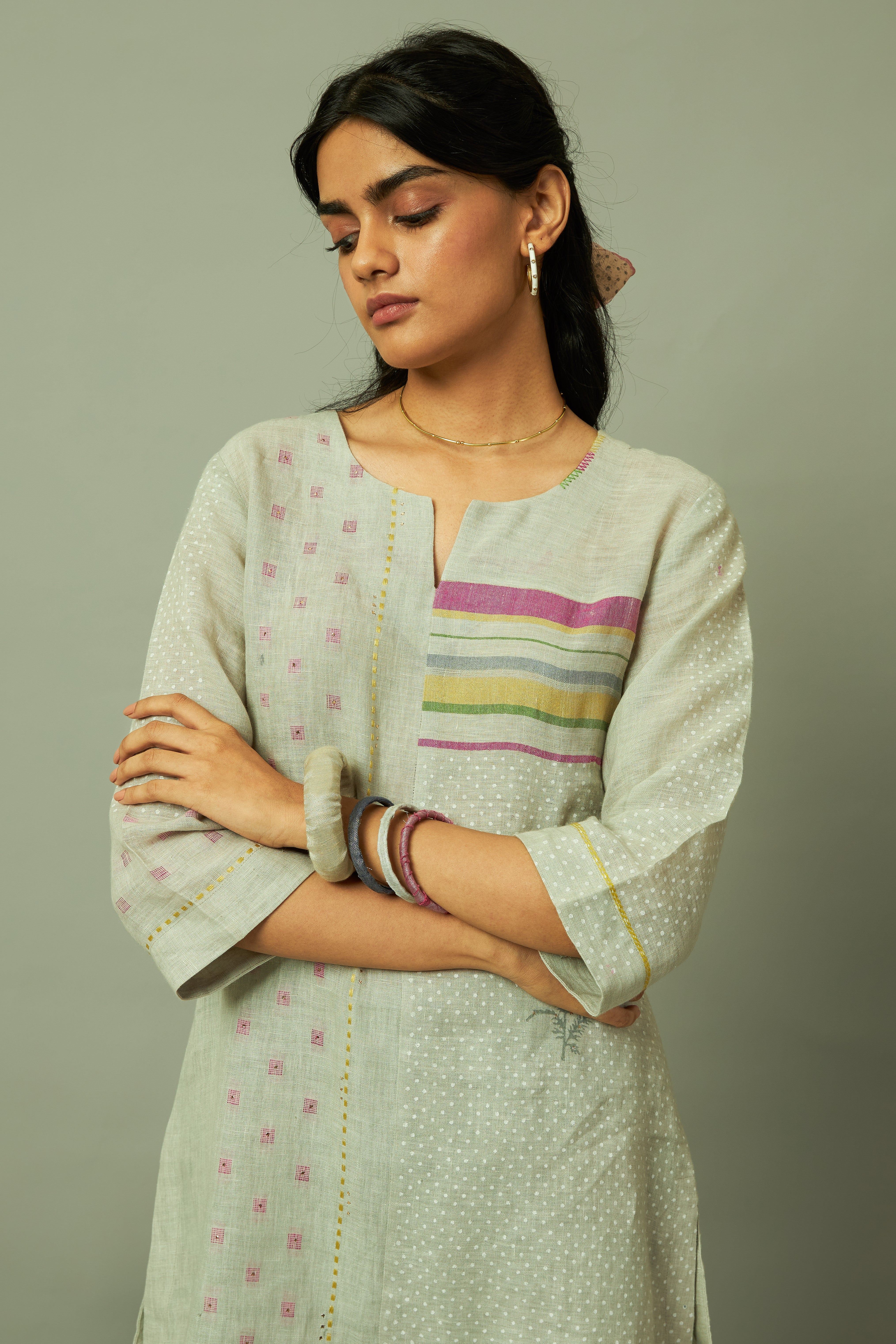Block Print 100% Linen Coord Set with Multi-Stripe Panel | Oregano
