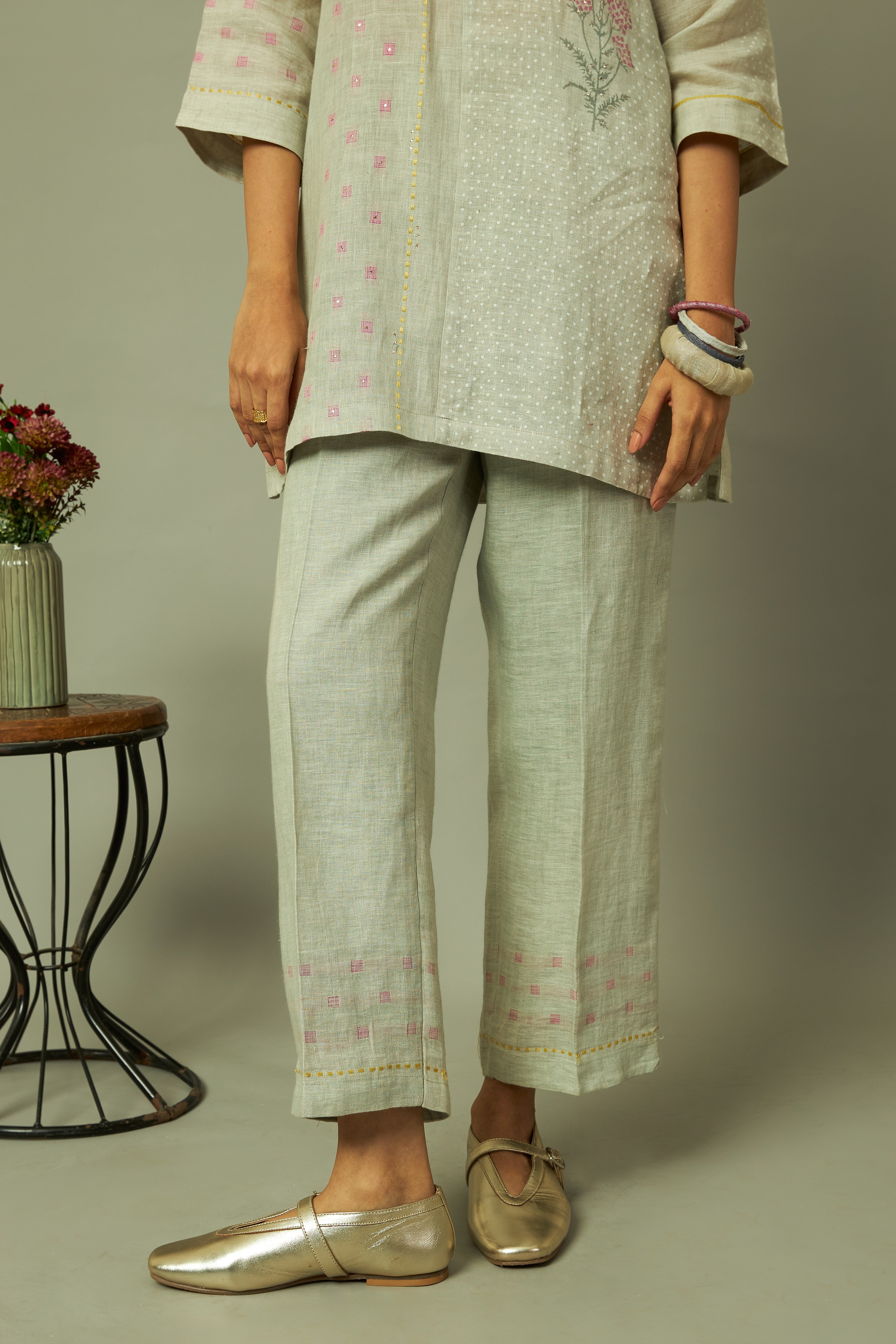 Block Print 100% Linen Coord Set with Multi-Stripe Panel | Oregano