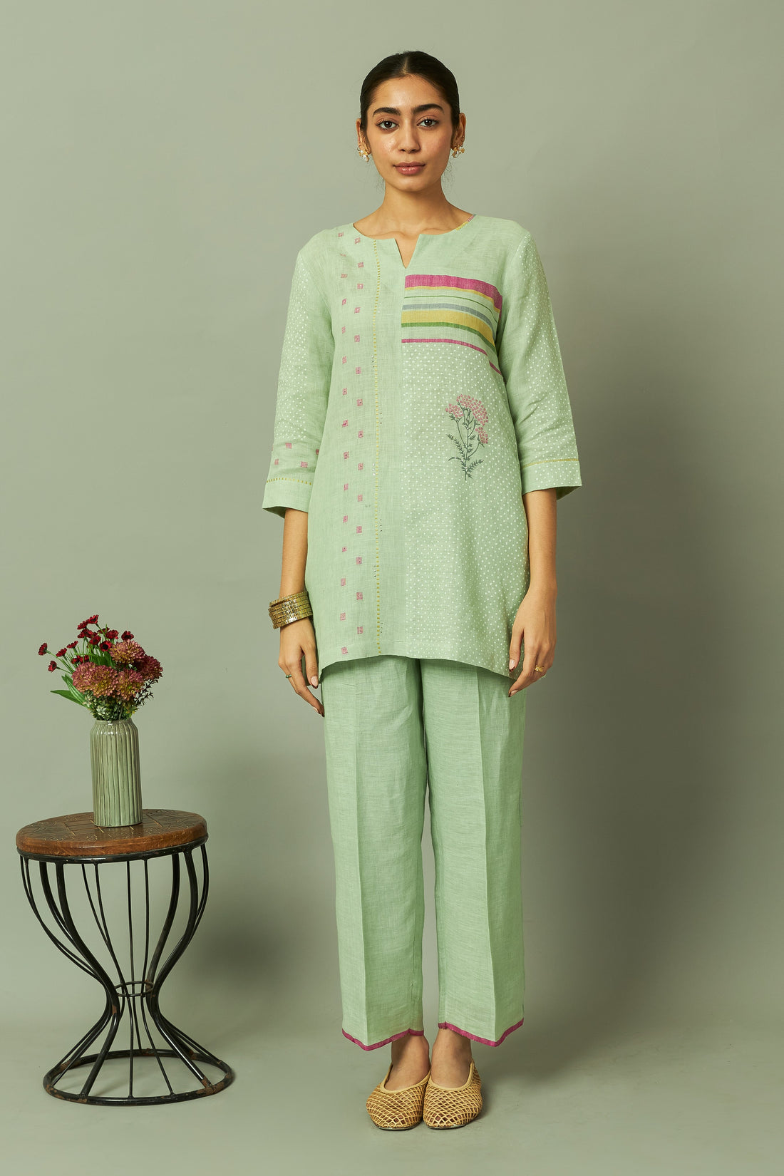 Green Block Print 100% Linen Coord Set with Multi-Stripe Panel | Oregano