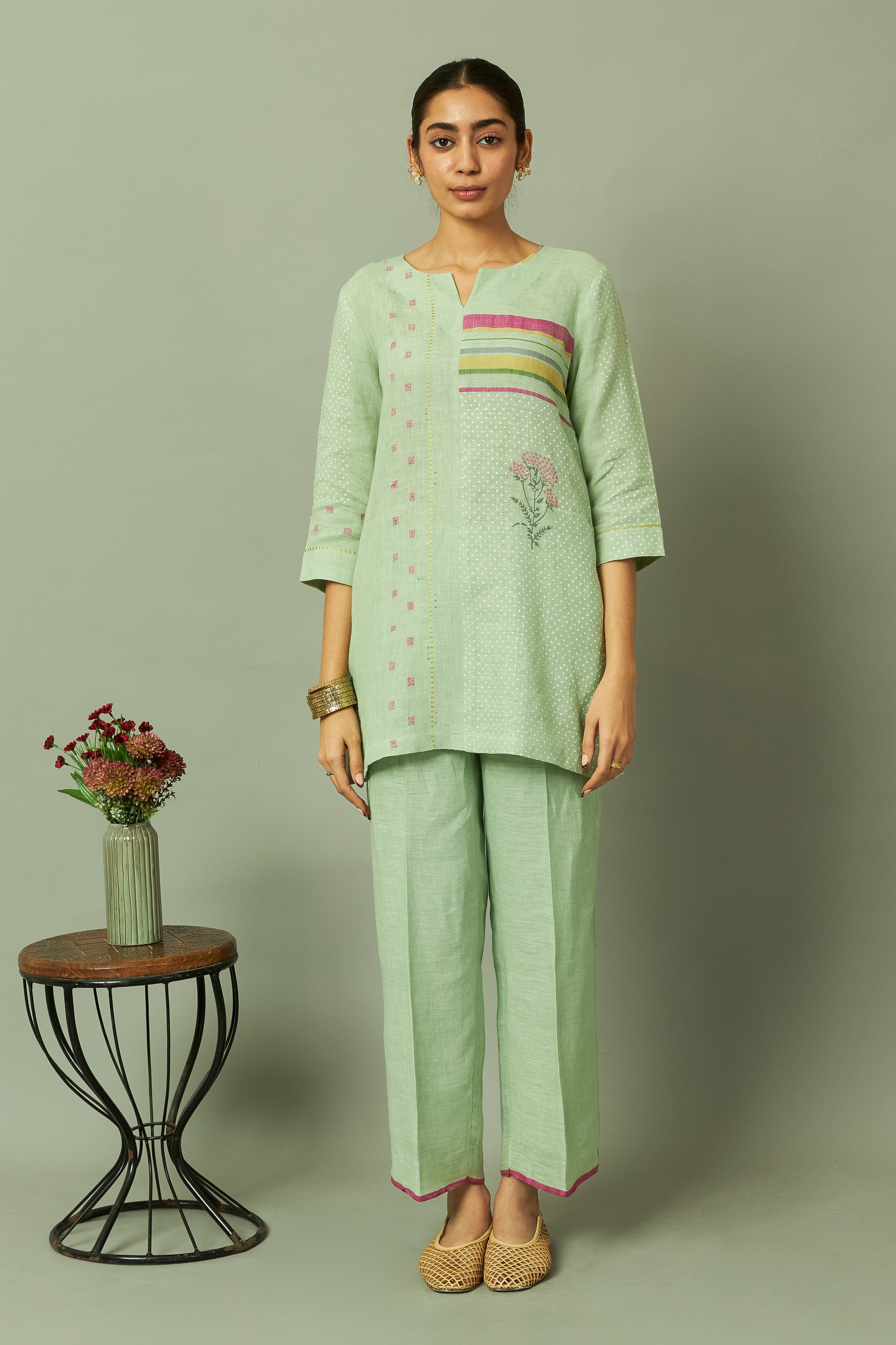Green Block Print 100% Linen Coord Set with Multi-Stripe Panel | Oregano