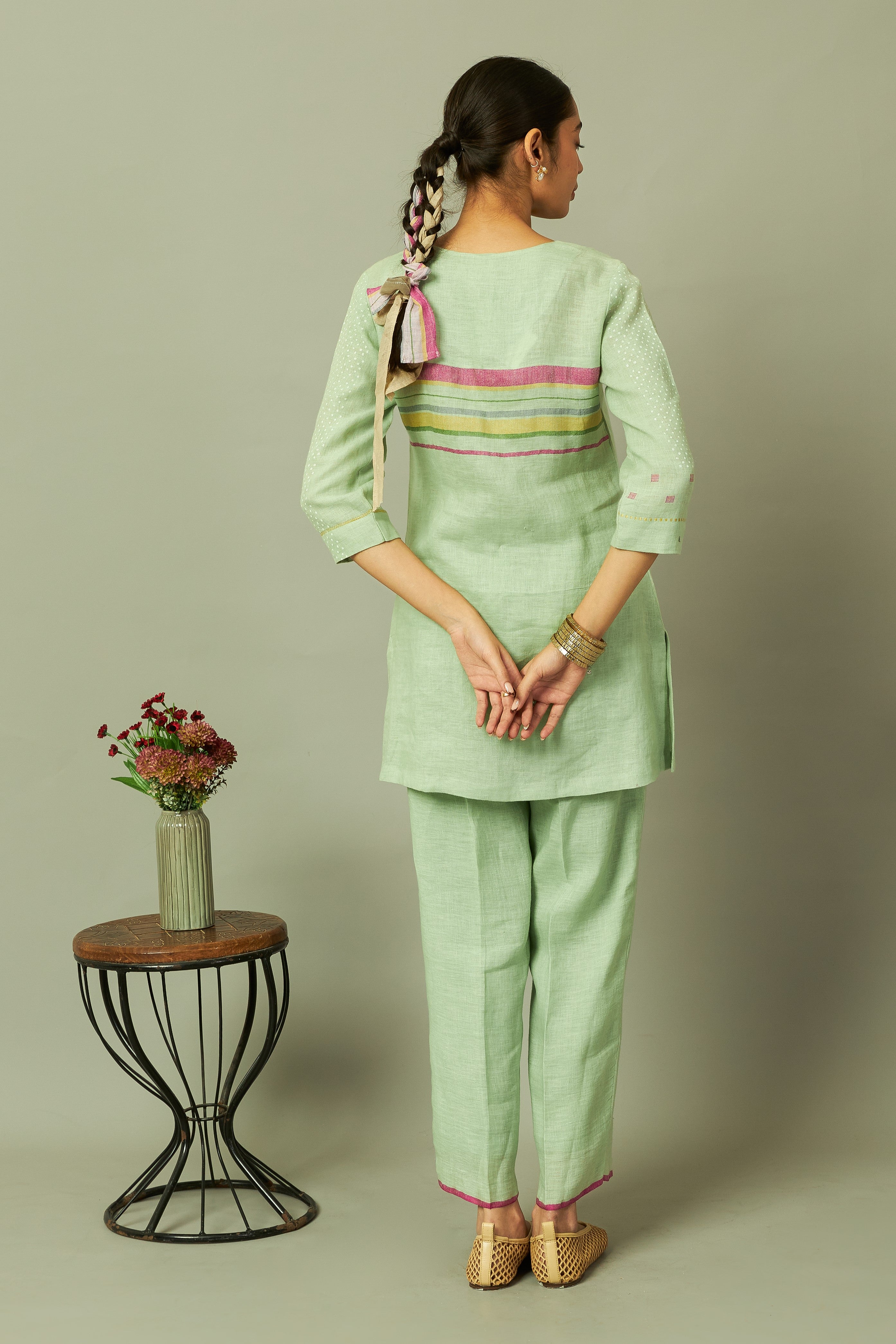 Block Print 100% Linen Coord Set with Multi-Stripe Panel | Oregano