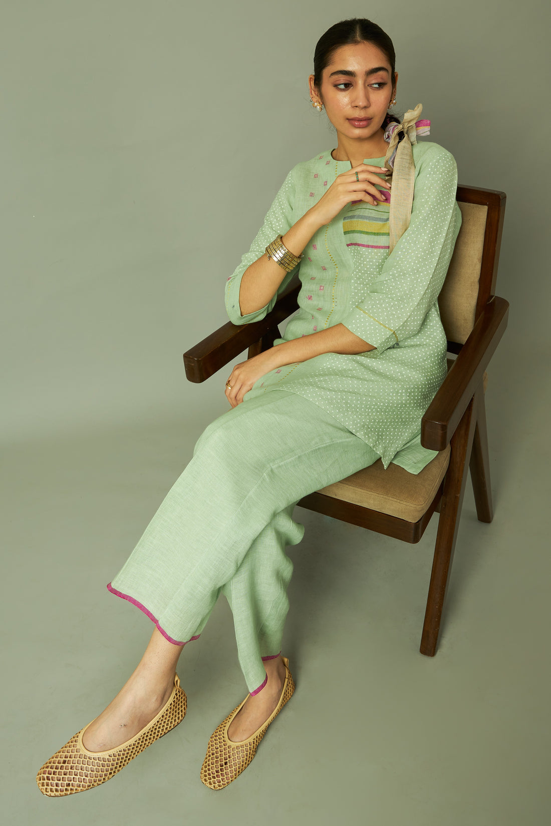 Green Block Print 100% Linen Coord Set with Multi-Stripe Panel | Oregano