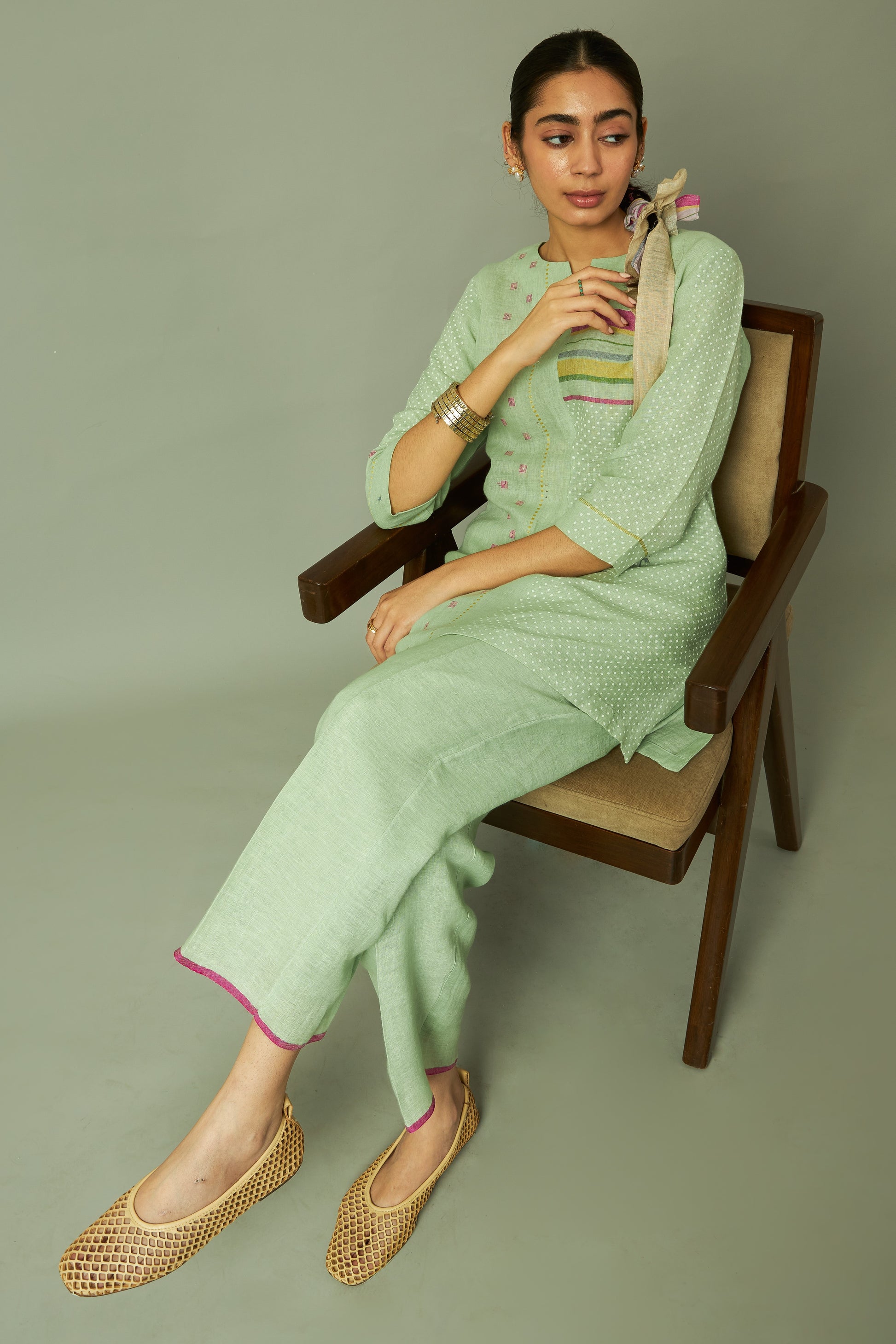 Block Print 100% Linen Coord Set with Multi-Stripe Panel | Oregano