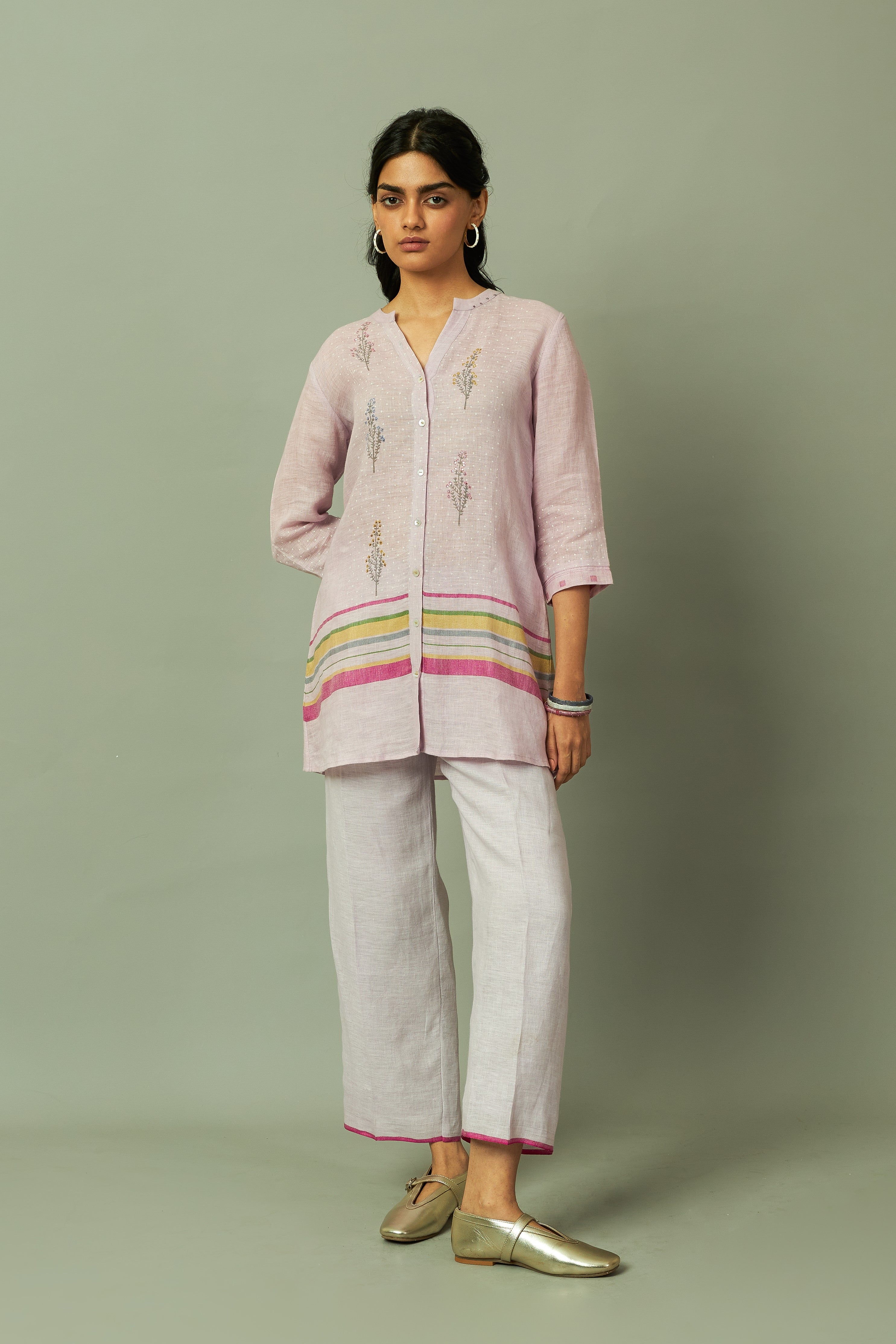 Lilac Botanical Block Printed Linen Tunic Set | Oregano