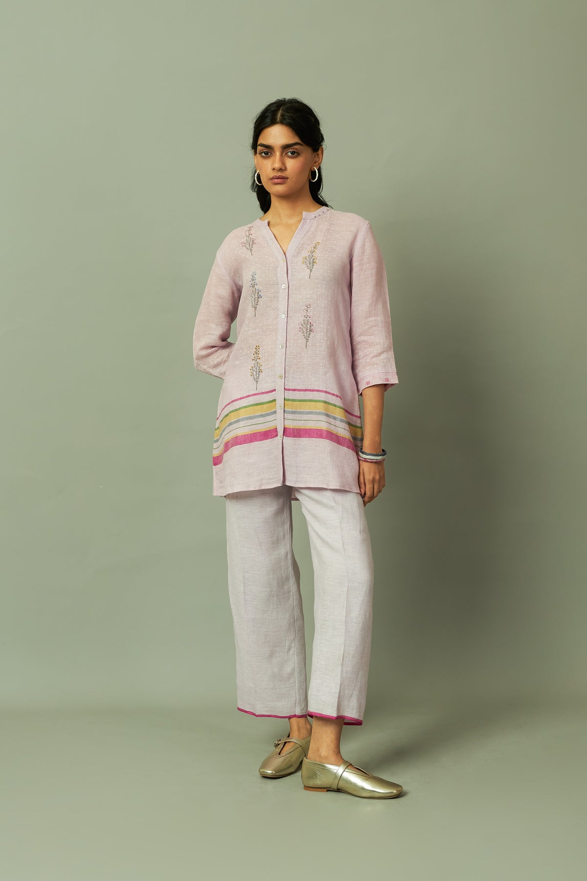 Botanical Block Printed Pink Linen Coord Set