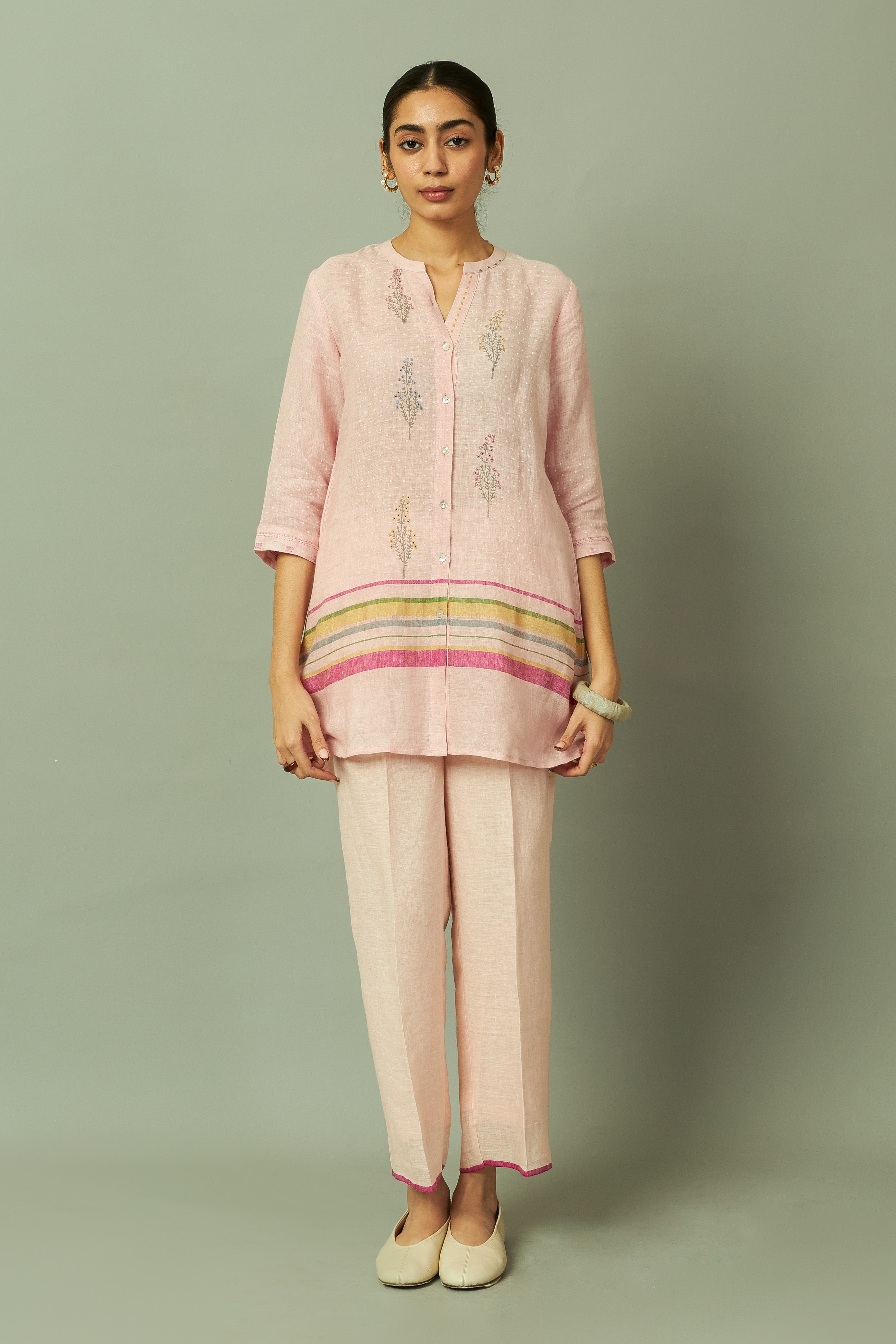 Pink Botanical Block Printed Linen Tunic Set | Oregano