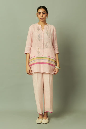 Pink Botanical Block Printed Linen Tunic Set | Oregano