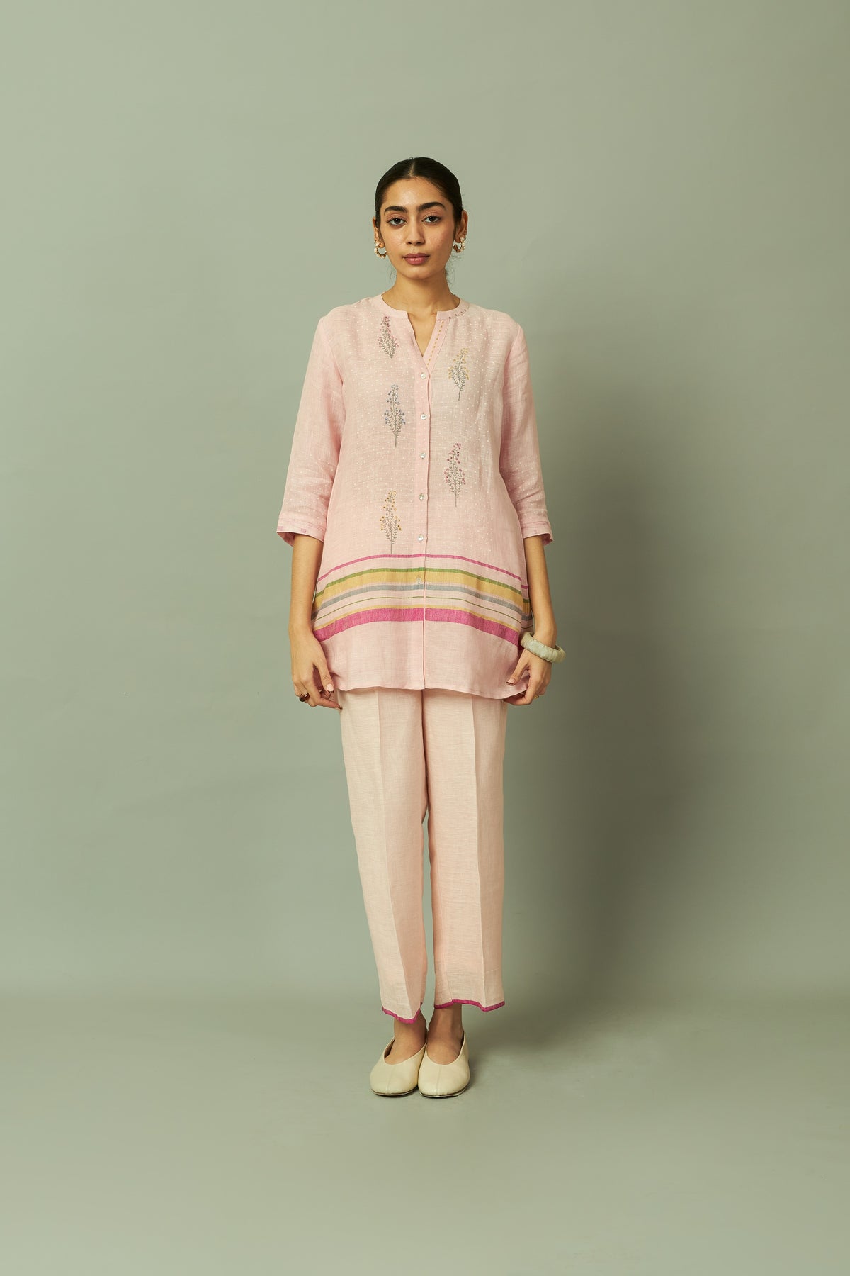 Botanical Block Printed Pink Linen Coord Set
