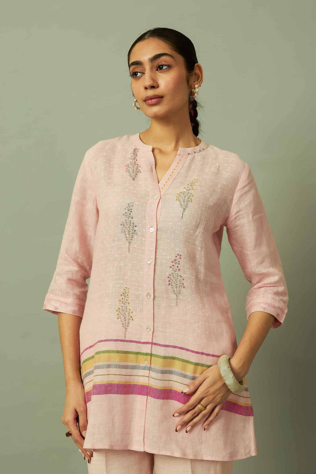 Botanical Block Printed Pink Linen Coord Set