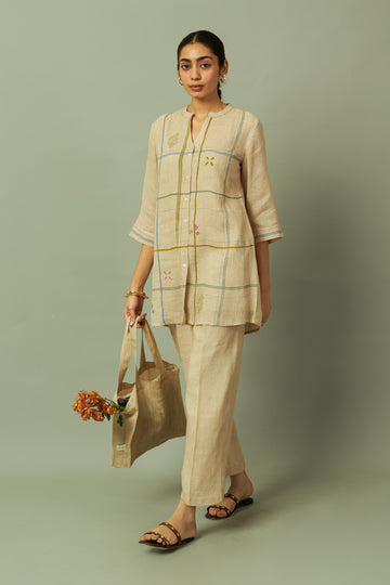 Khakhi Khakhi Modern Grid Block Printed Gauze Linen Tunic Set | Oregano