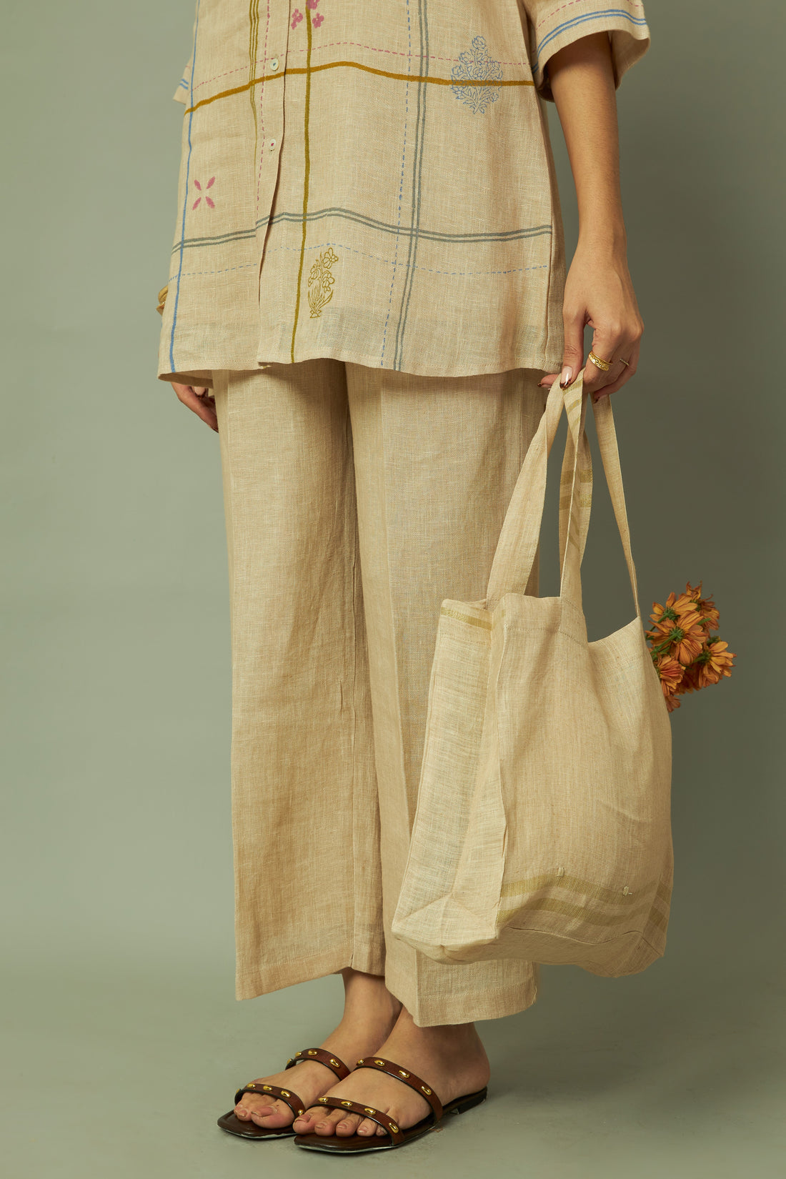 Khakhi Modern Grid Block Printed Gauze Linen Tunic Set