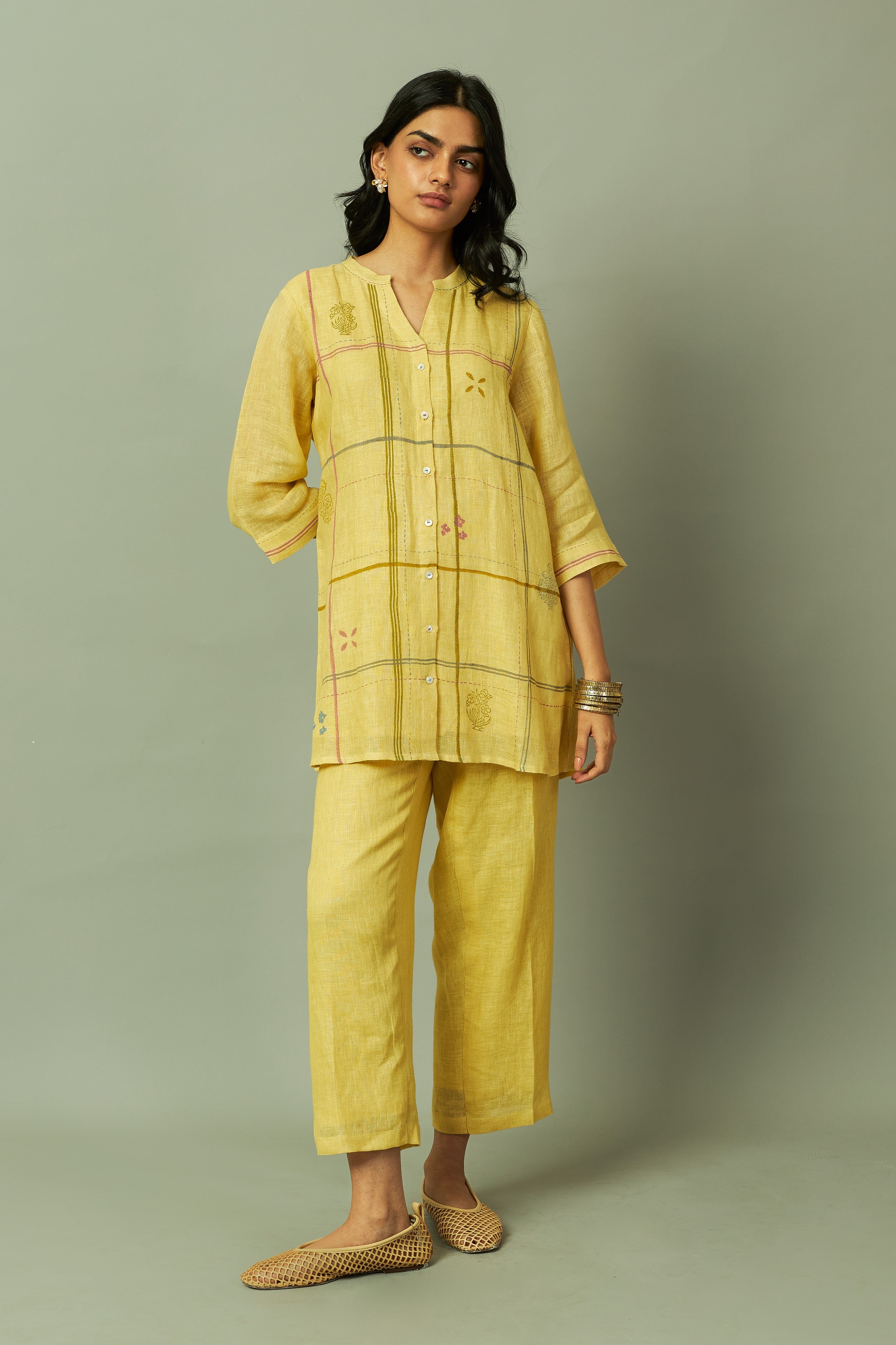 Yellow Khakhi Modern Grid Block Printed Gauze Linen Tunic Set | Oregano