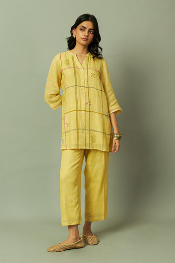 Yellow Khakhi Modern Grid Block Printed Gauze Linen Tunic Set | Oregano