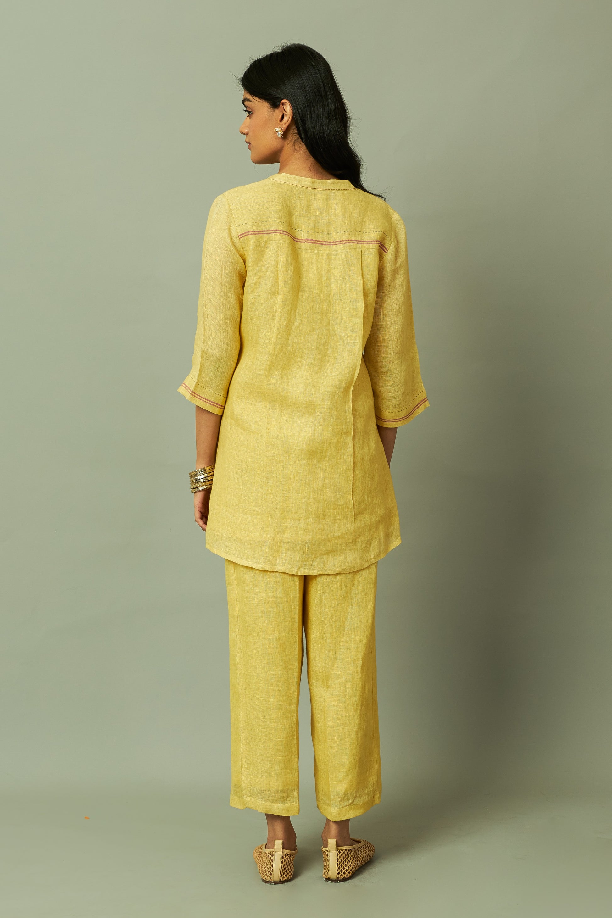 Khakhi Modern Grid Block Printed Gauze Linen Tunic Set | Oregano