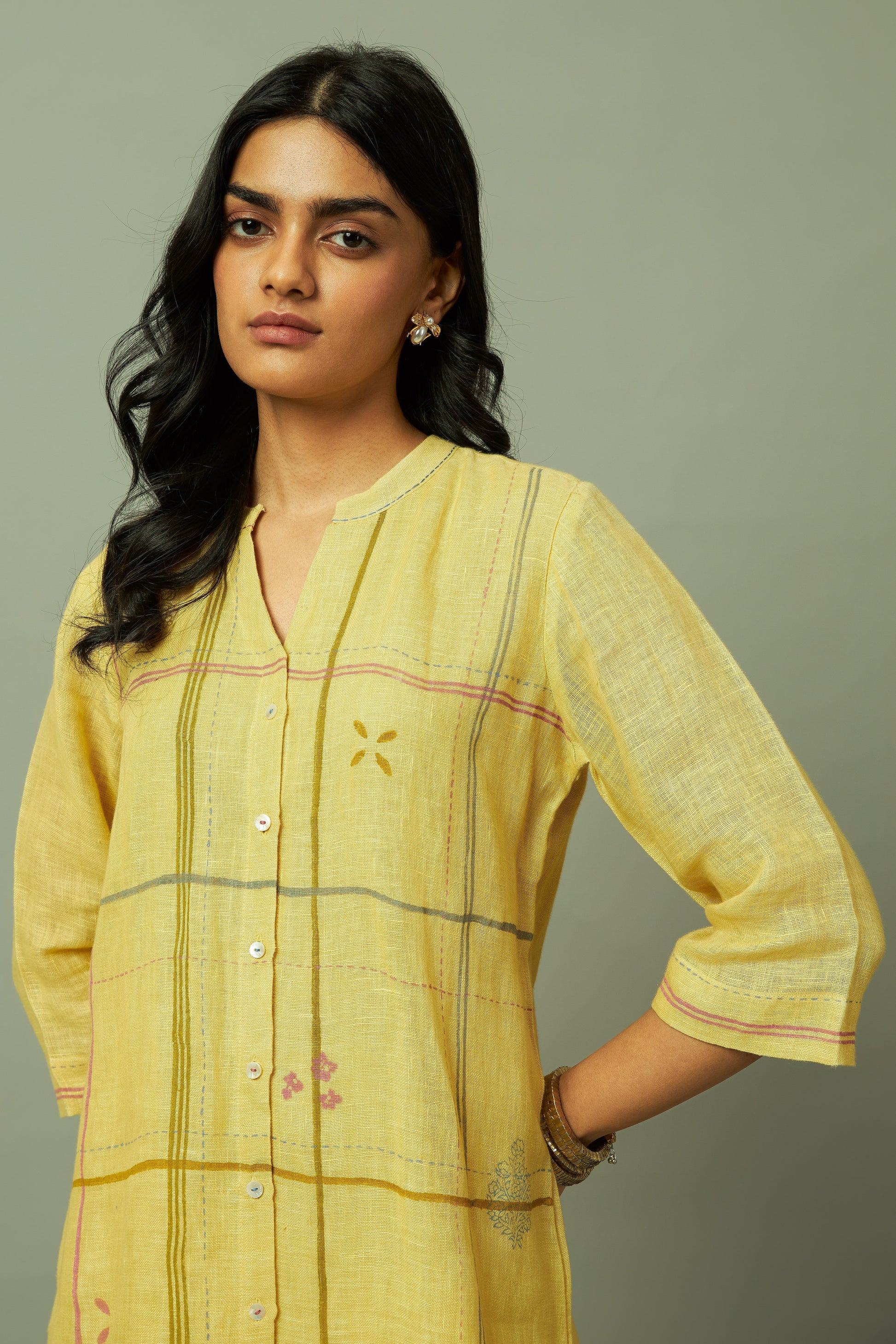 Khakhi Modern Grid Block Printed Gauze Linen Tunic Set | Oregano