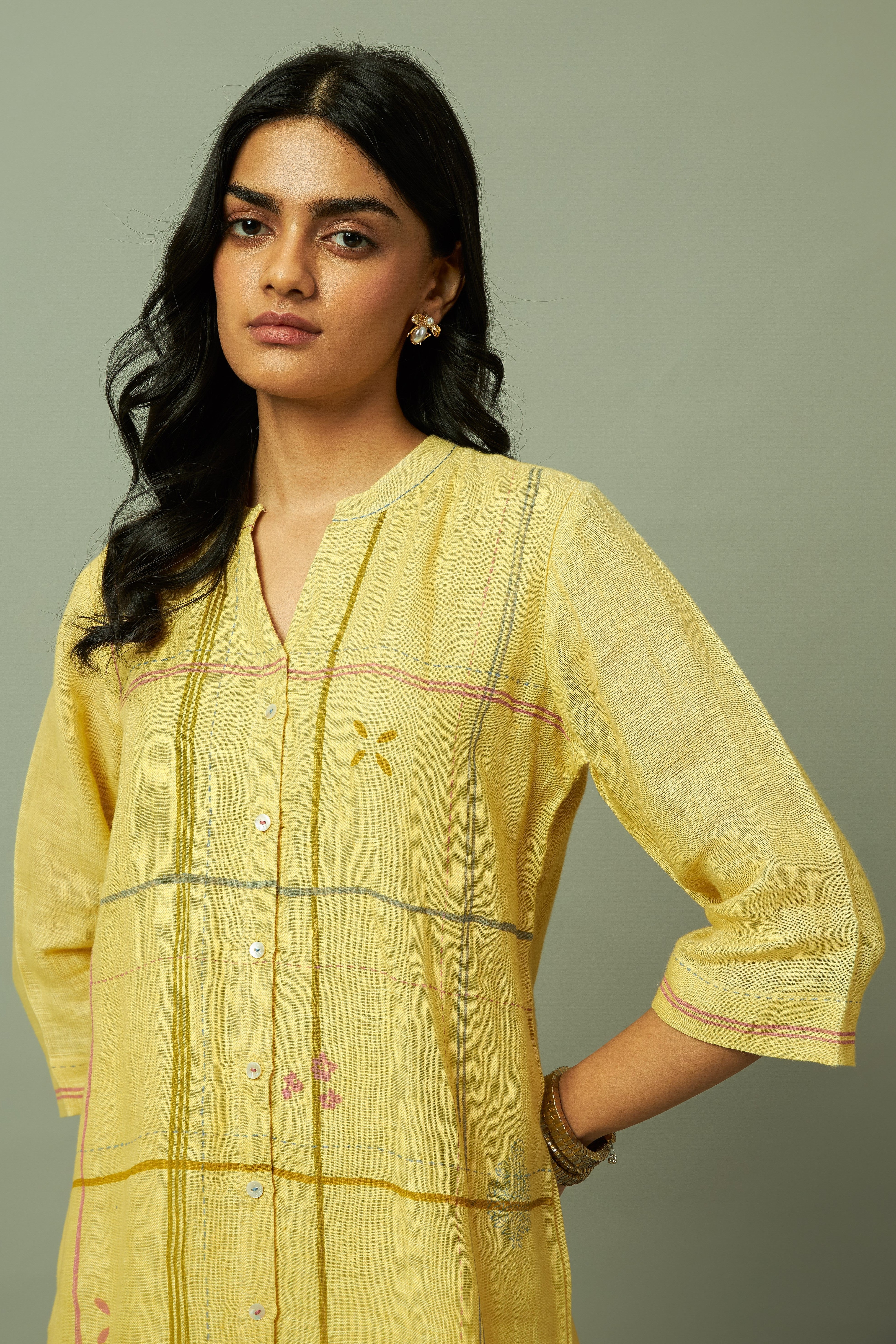 Khakhi Modern Grid Block Printed Gauze Linen Tunic Set | Oregano