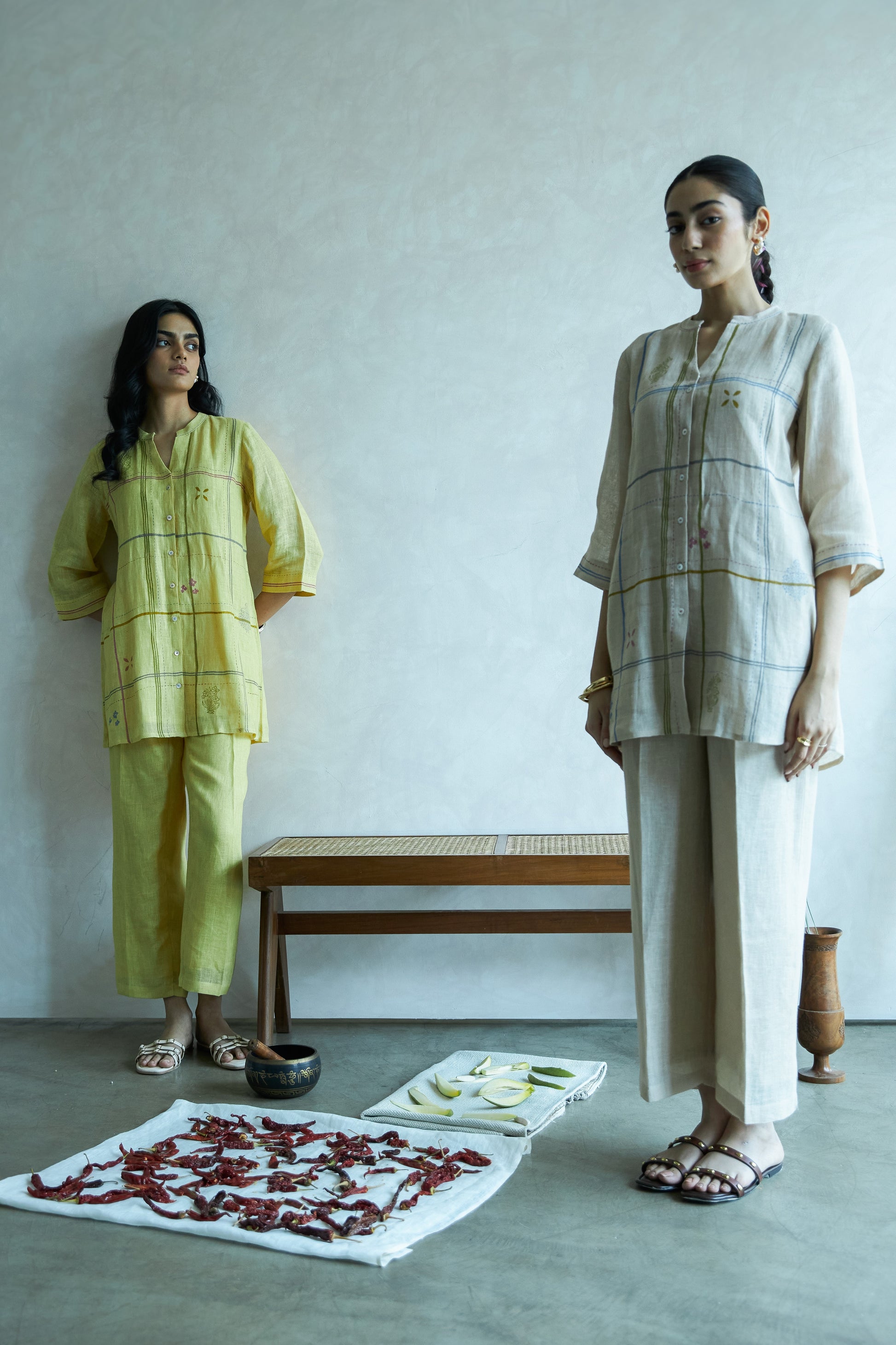 Khakhi Modern Grid Block Printed Gauze Linen Tunic Set | Oregano