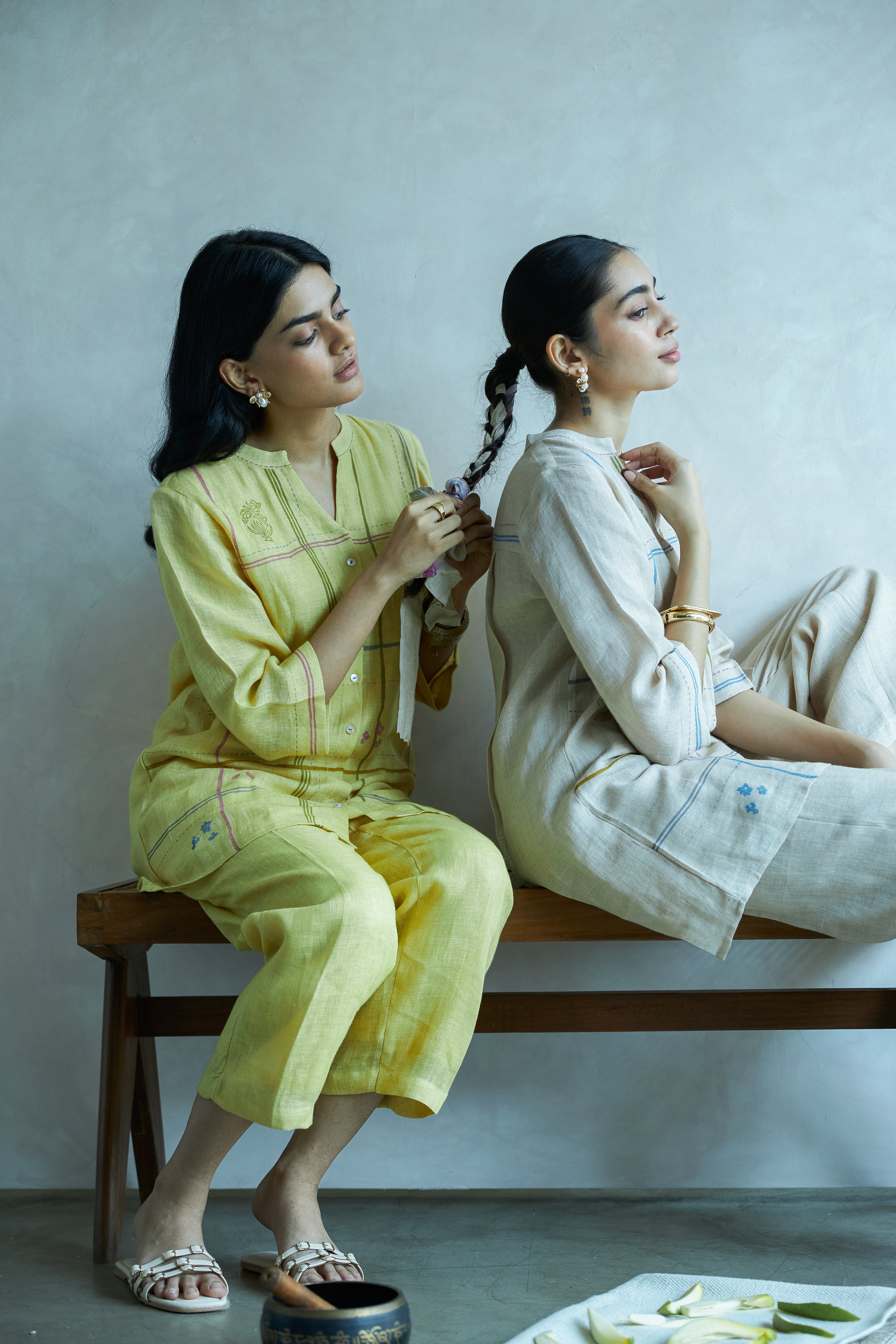 Khakhi Modern Grid Block Printed Gauze Linen Tunic Set | Oregano