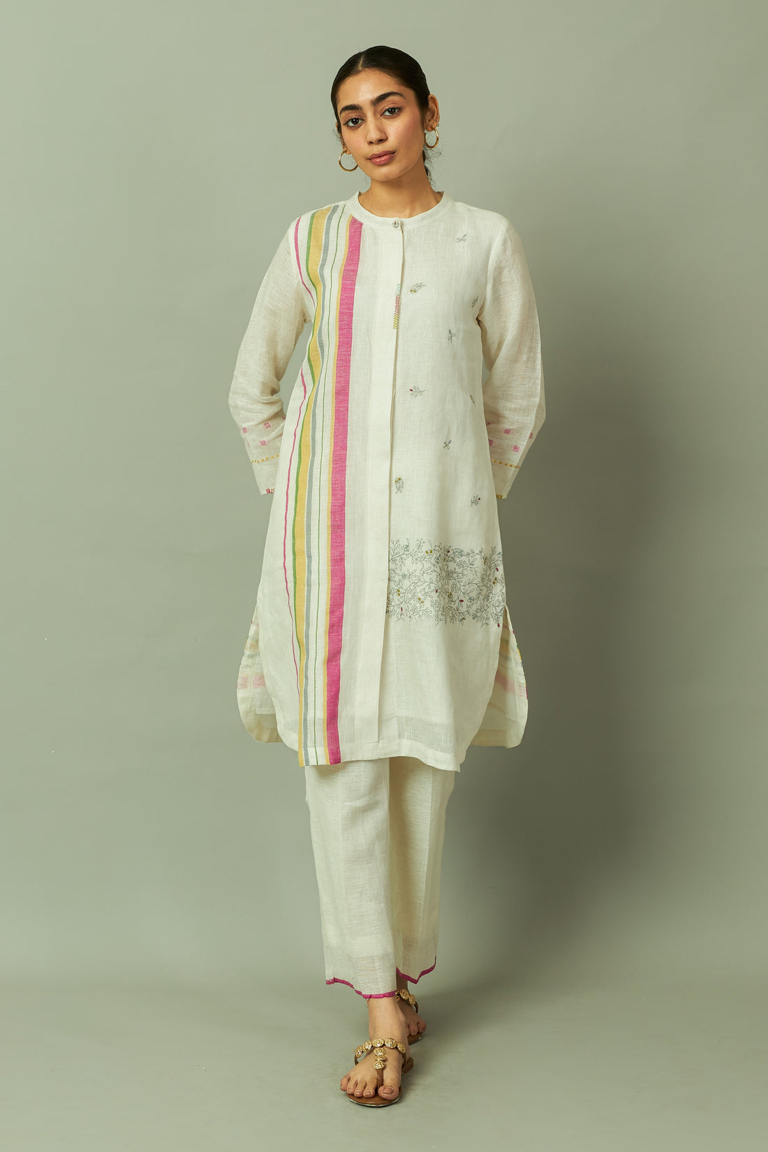 Off white Artisanal Multi-Stripe Pure Linen Kurta Set with Thread Embroidery | Oregano