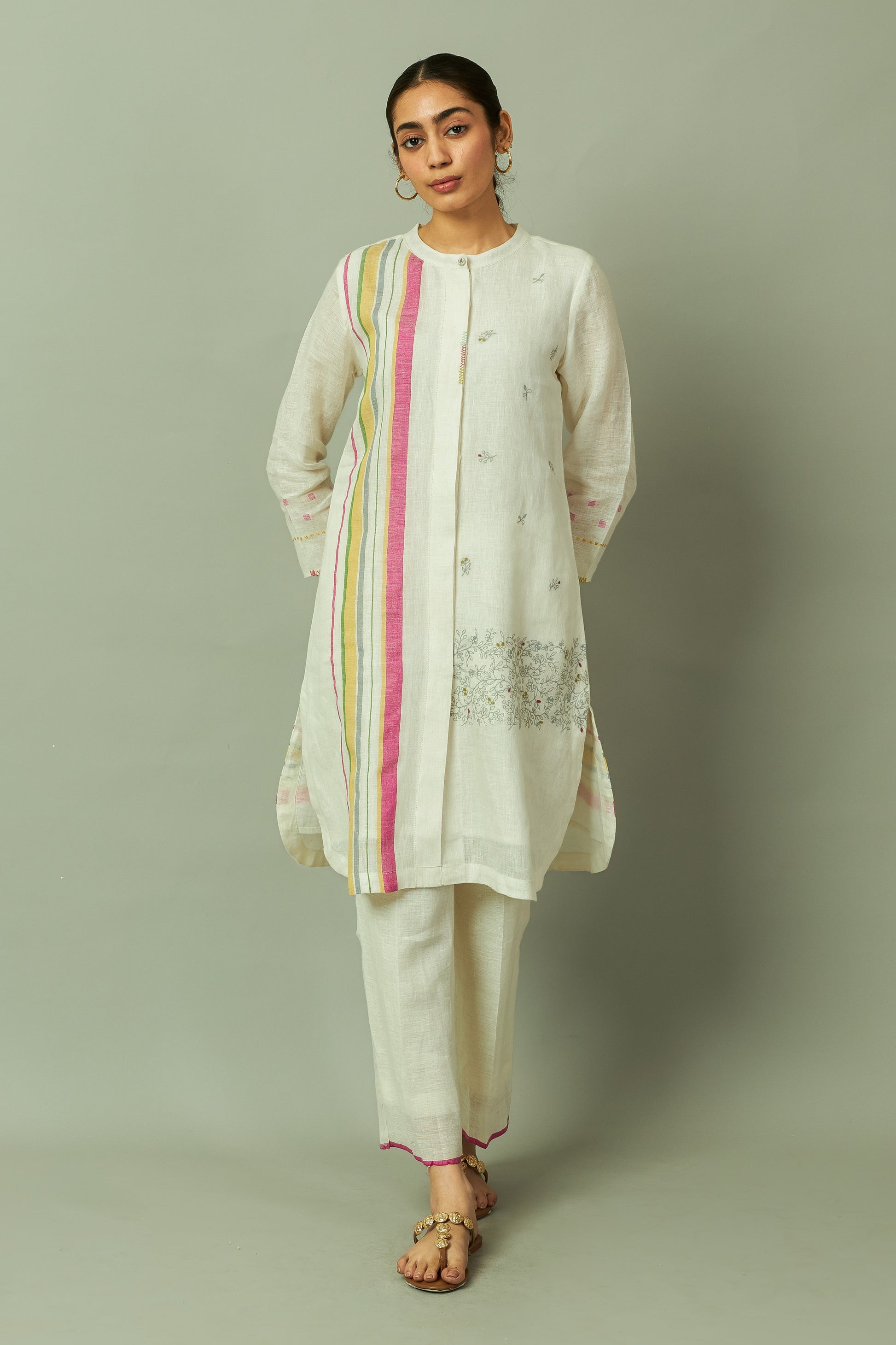 Off white Artisanal Multi-Stripe Pure Linen Kurta Set with Thread Embroidery | Oregano