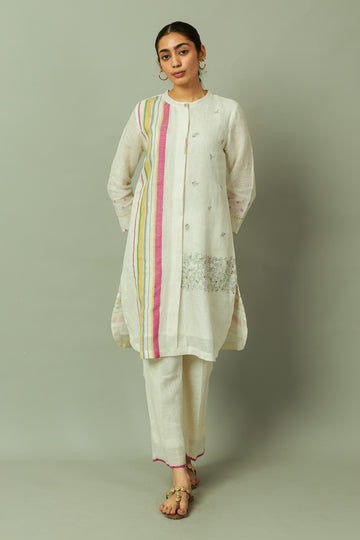 Off white Artisanal Multi-Stripe Pure Linen Kurta Set with Thread Embroidery | Oregano