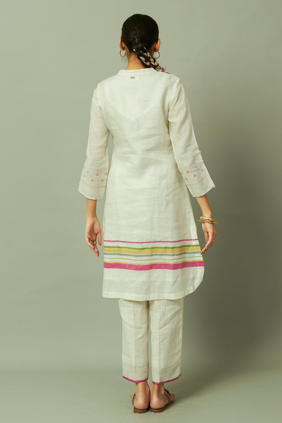 Off white Artisanal Multi-Stripe Pure Linen Kurta Set with Thread Embroidery | Oregano