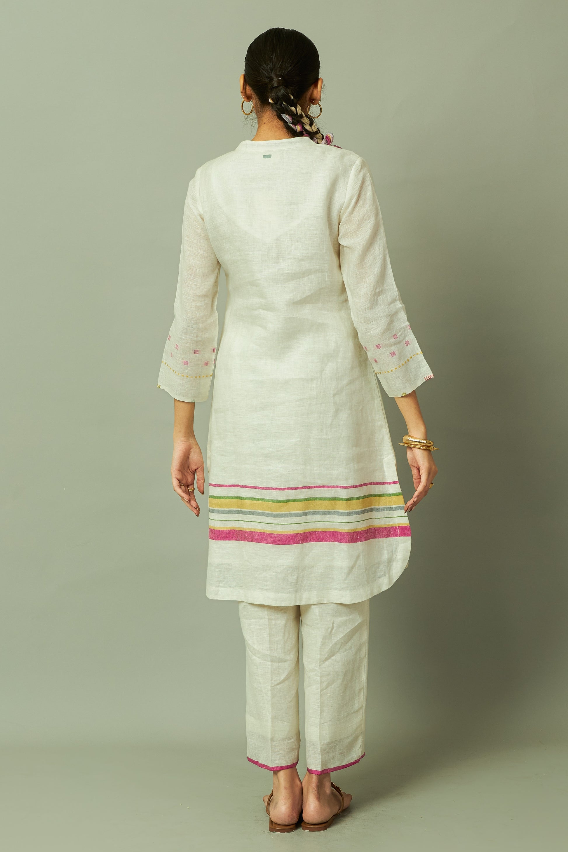 Artisanal Multi-Stripe Pure Linen Kurta Set with Thread Embroidery | Oregano