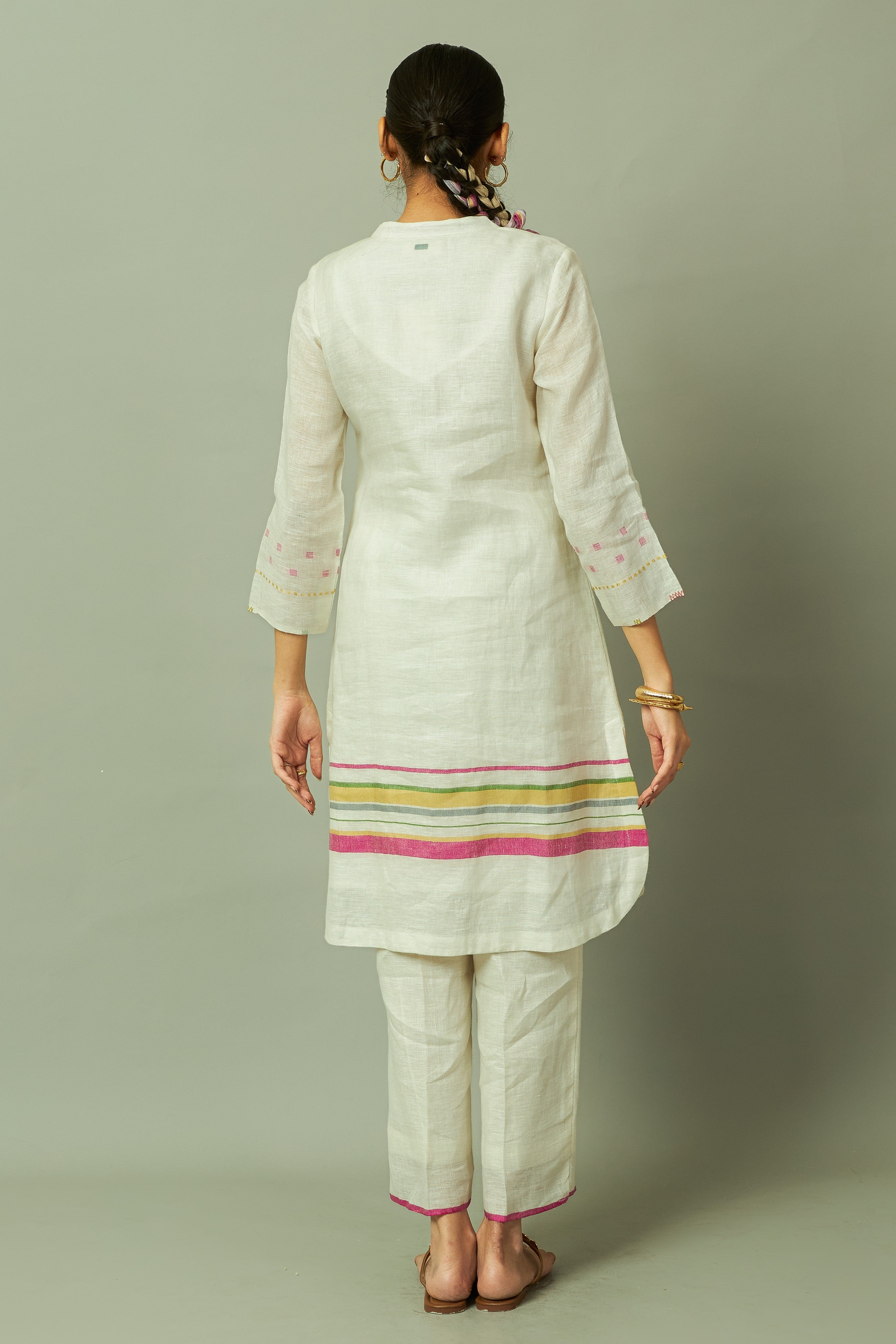 Artisanal Multi-Stripe Pure Linen Kurta Set with Thread Embroidery | Oregano