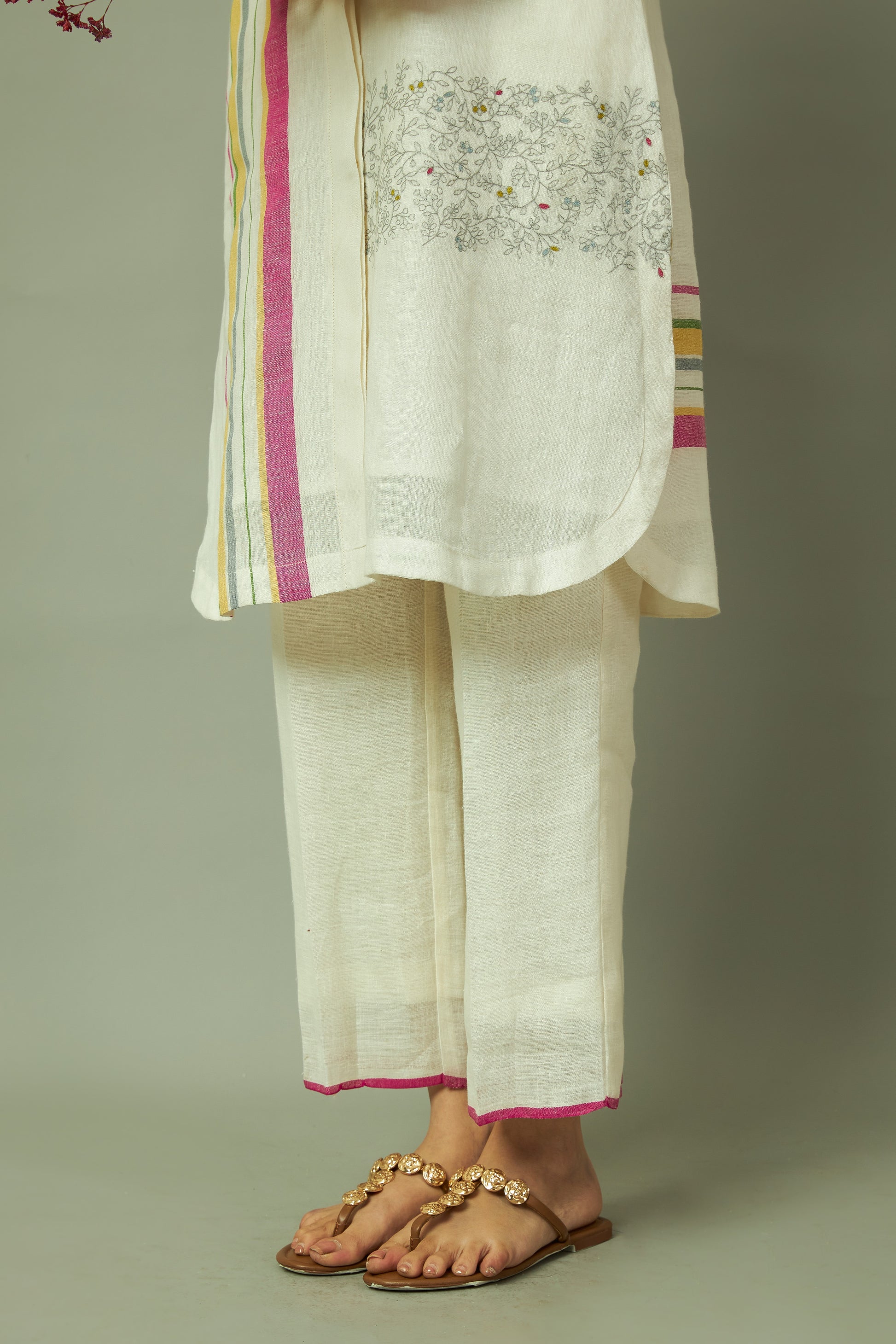 Artisanal Multi-Stripe Pure Linen Kurta Set with Thread Embroidery | Oregano