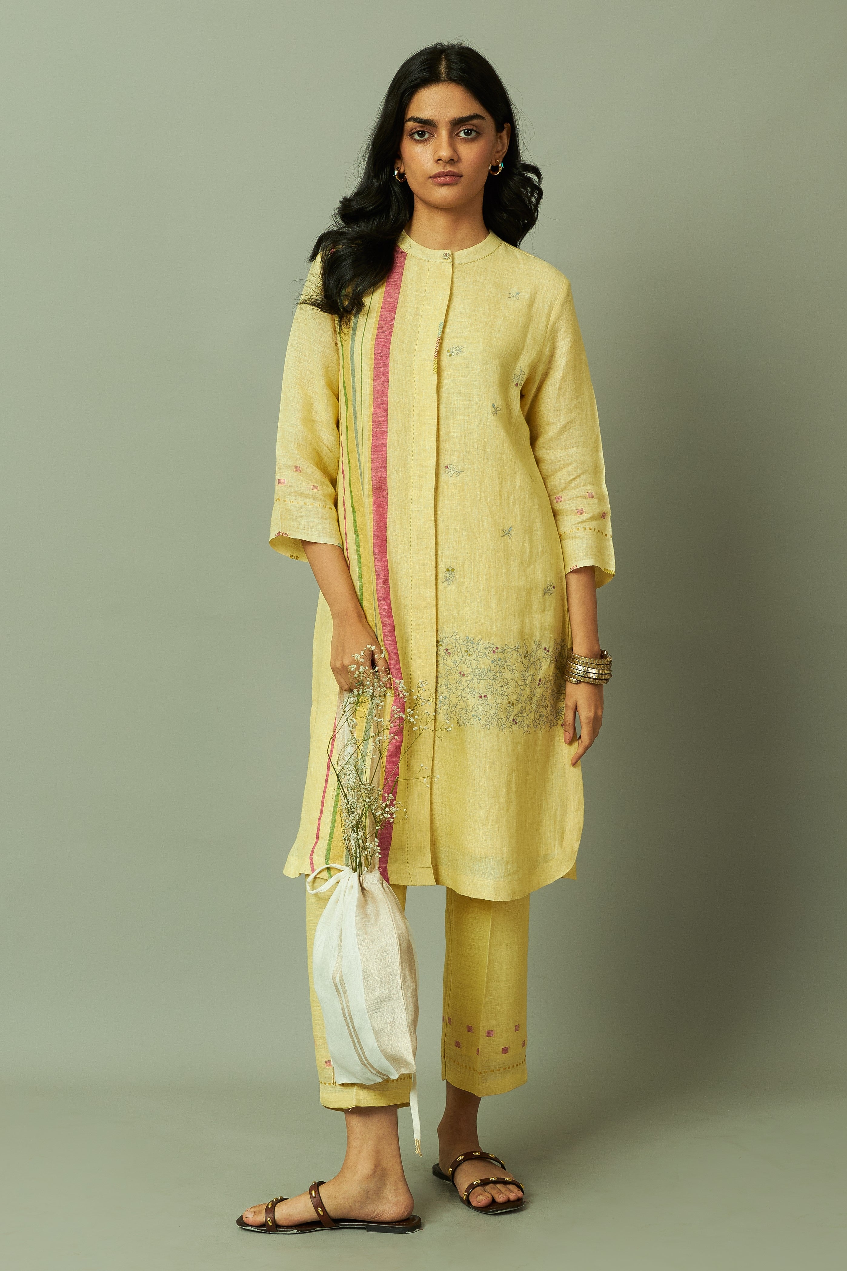Yellow Artisanal Multi-Stripe Pure Linen Kurta Set with Thread Embroidery | Oregano