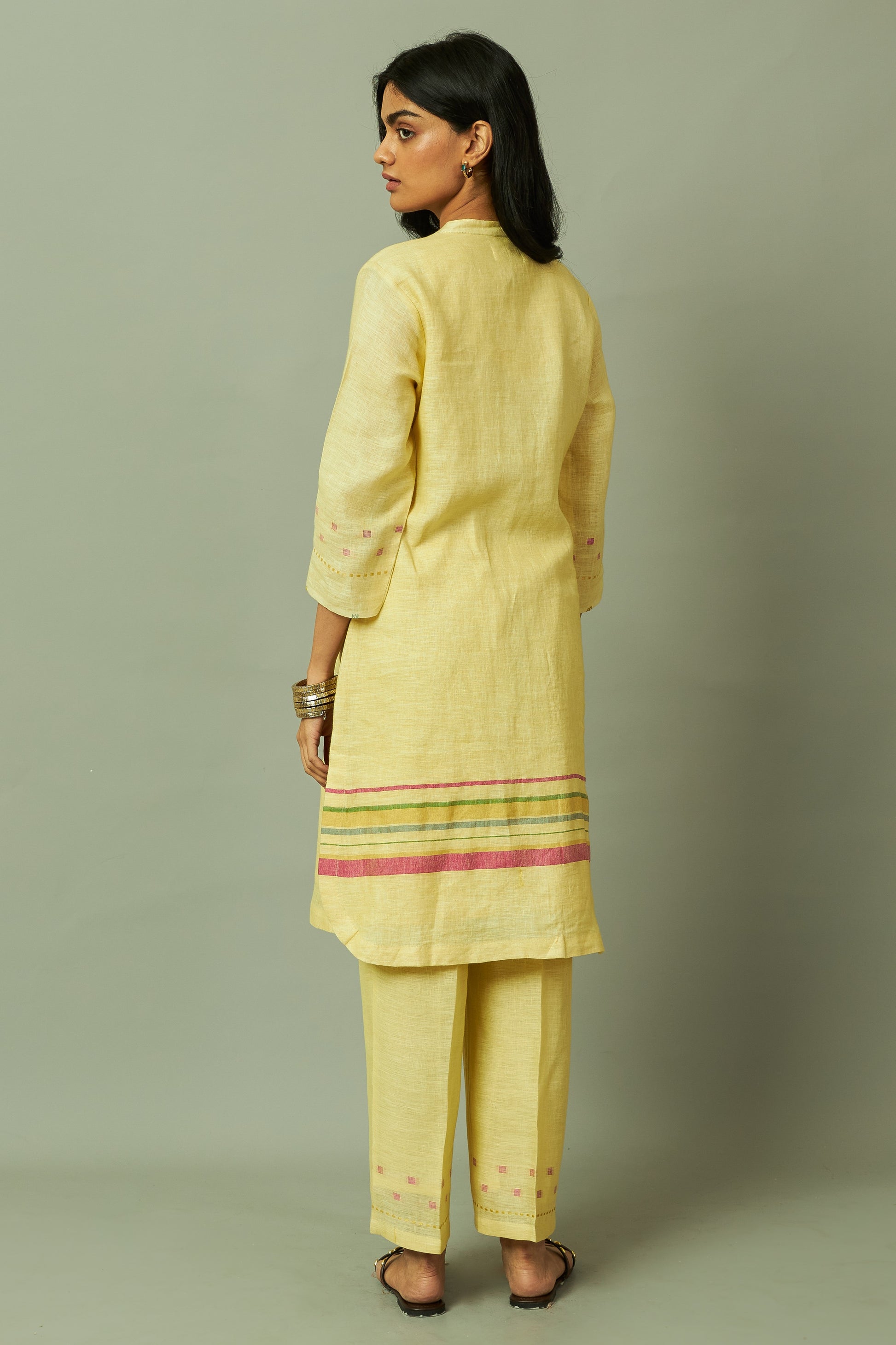 Artisanal Multi-Stripe Pure Linen Kurta Set with Thread Embroidery | Oregano