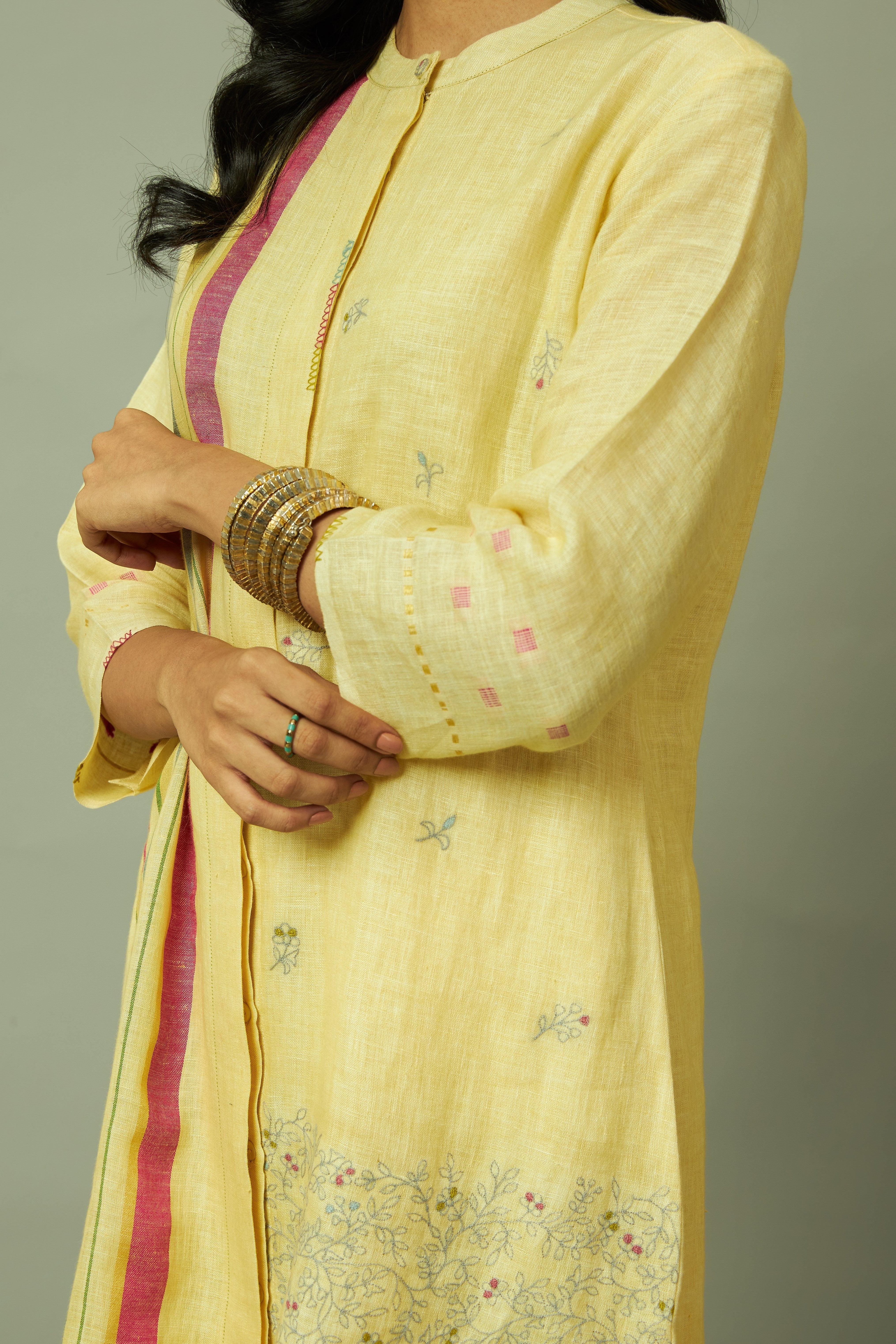 Artisanal Multi-Stripe Pure Linen Kurta Set with Thread Embroidery | Oregano