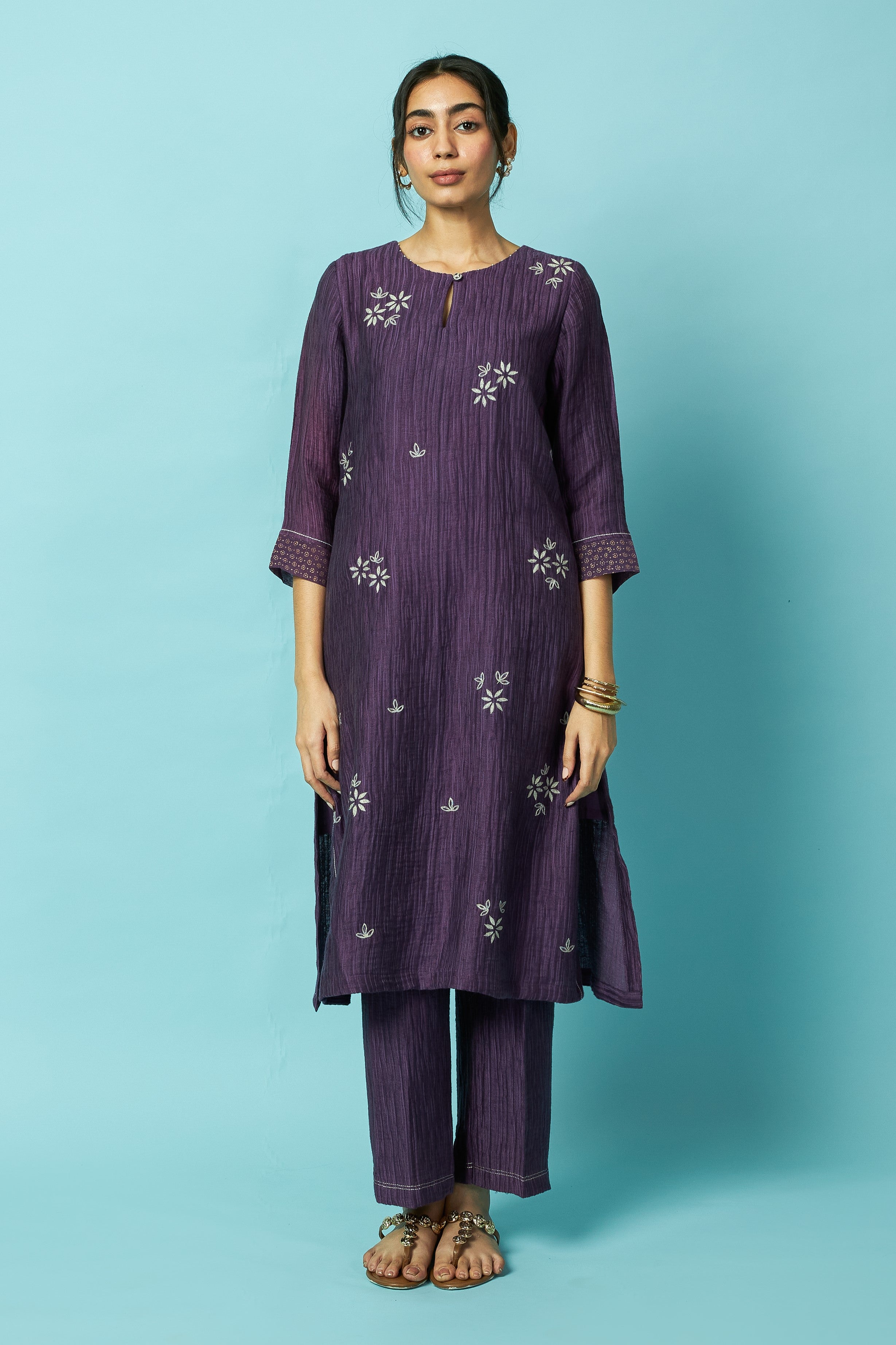 Purple Textured Silk-Linen Kurta Set with Distorted Floral Embroidery | Oregano
