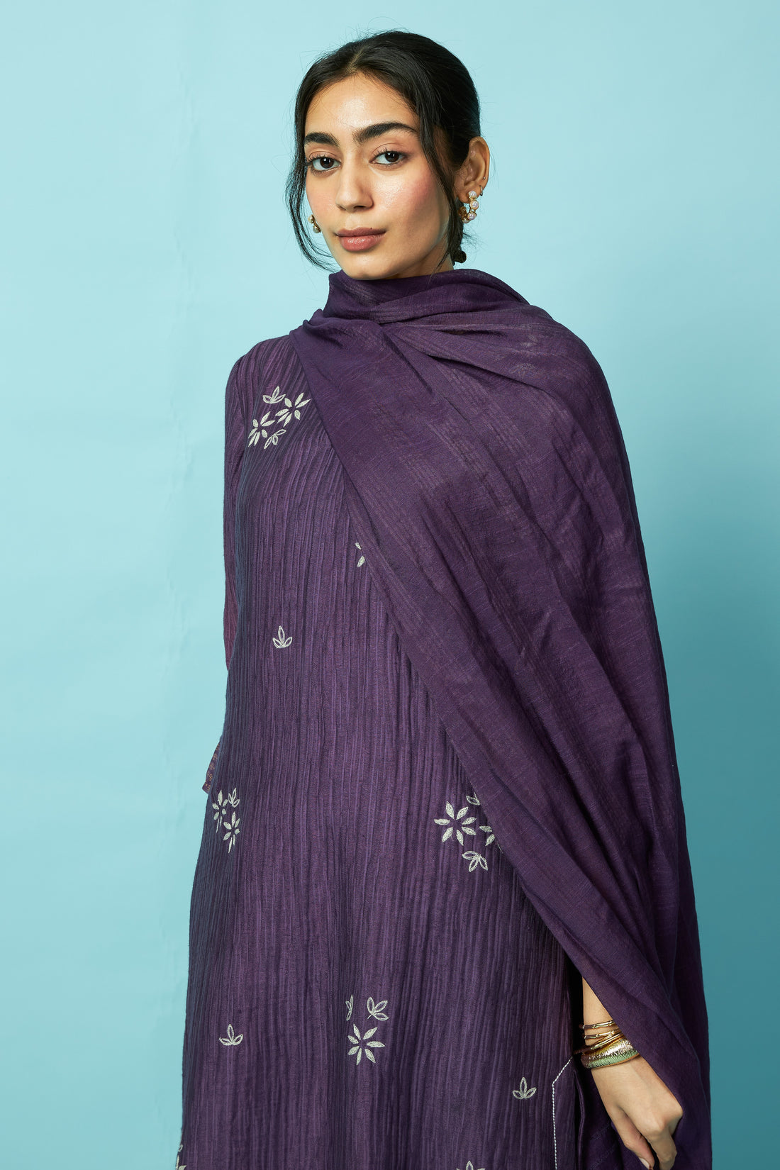 Purple Textured Silk-Linen Kurta Set with Distorted Floral Embroidery | Oregano
