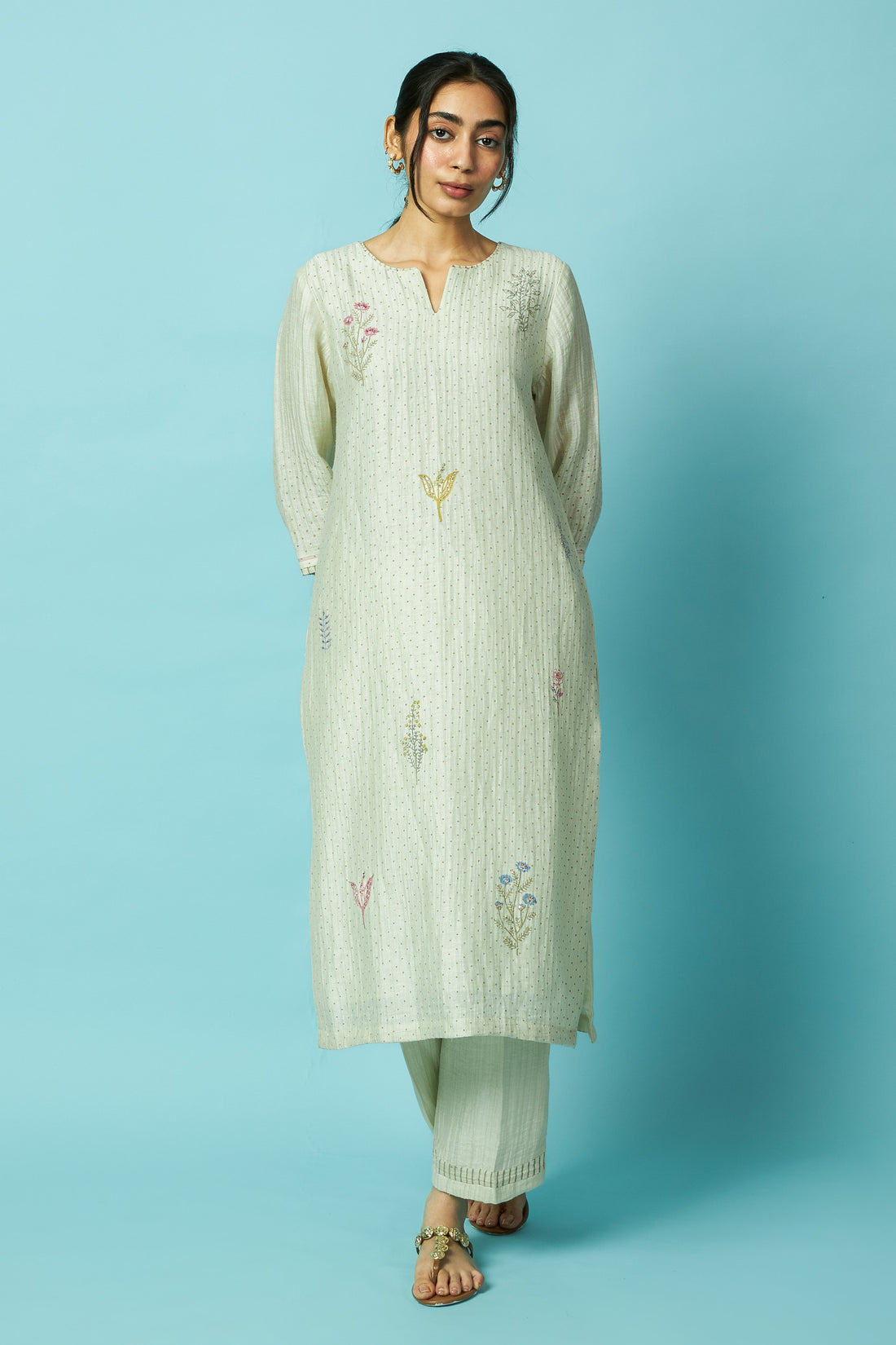 Botanical Block Printed Silk Linen Kurta Set | Oregano