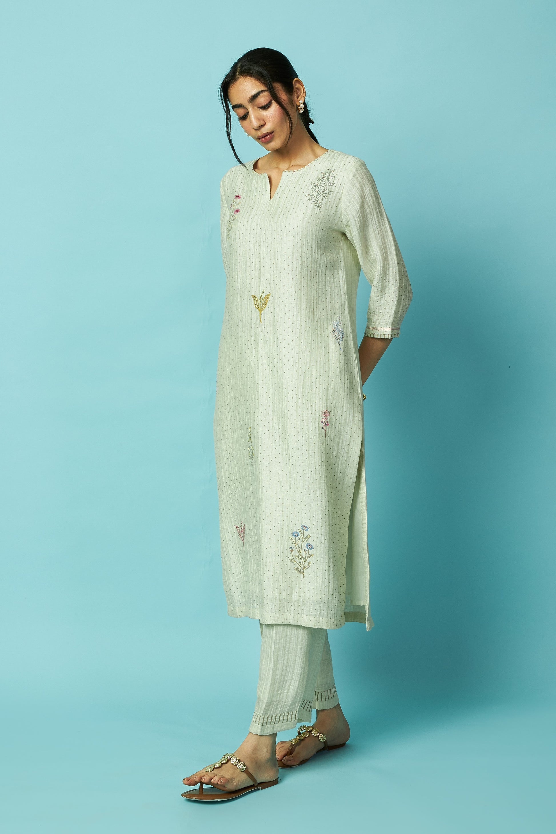 Botanical Block Printed Silk Linen Kurta Set | Oregano