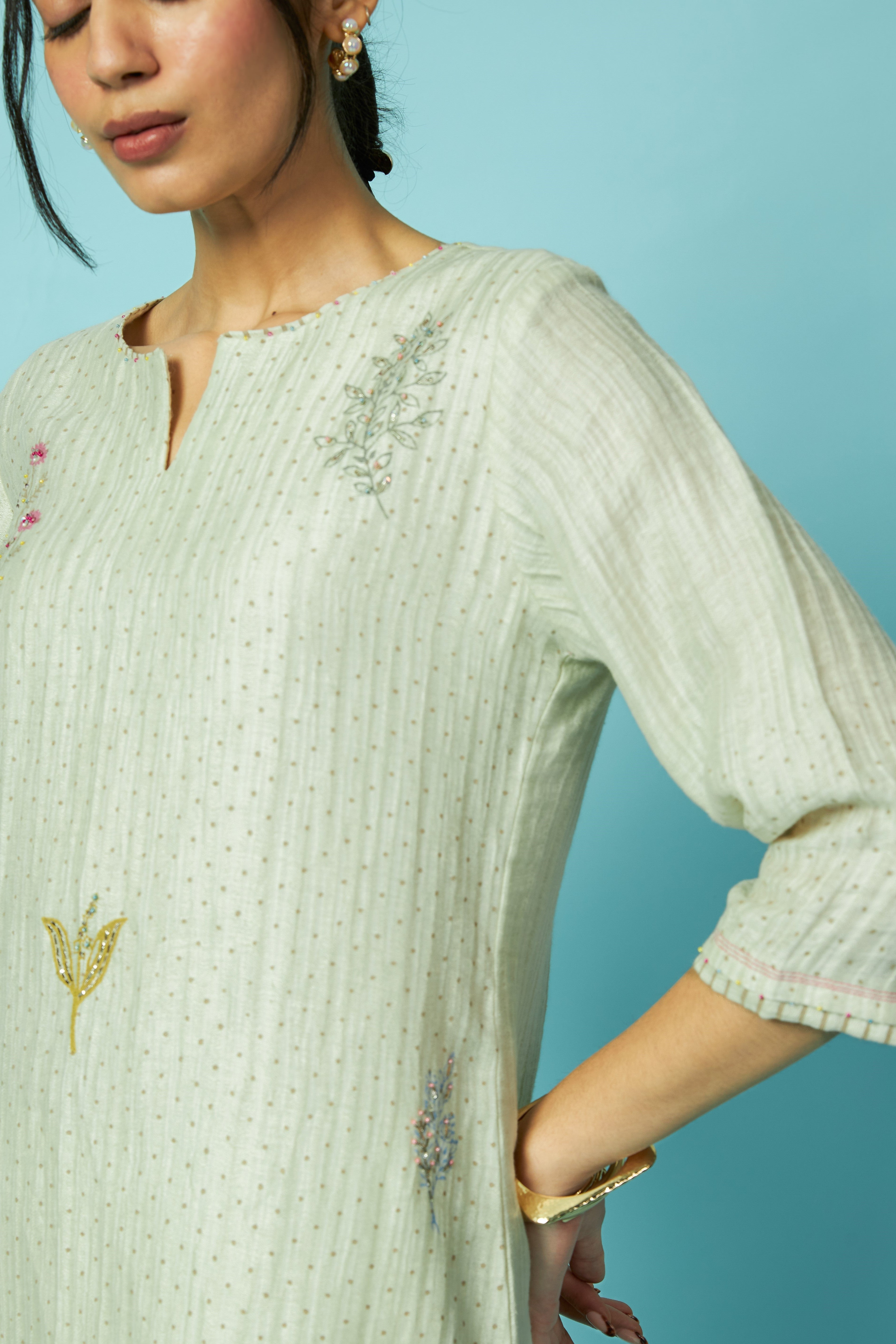 Botanical Block Printed Silk Linen Kurta Set | Oregano