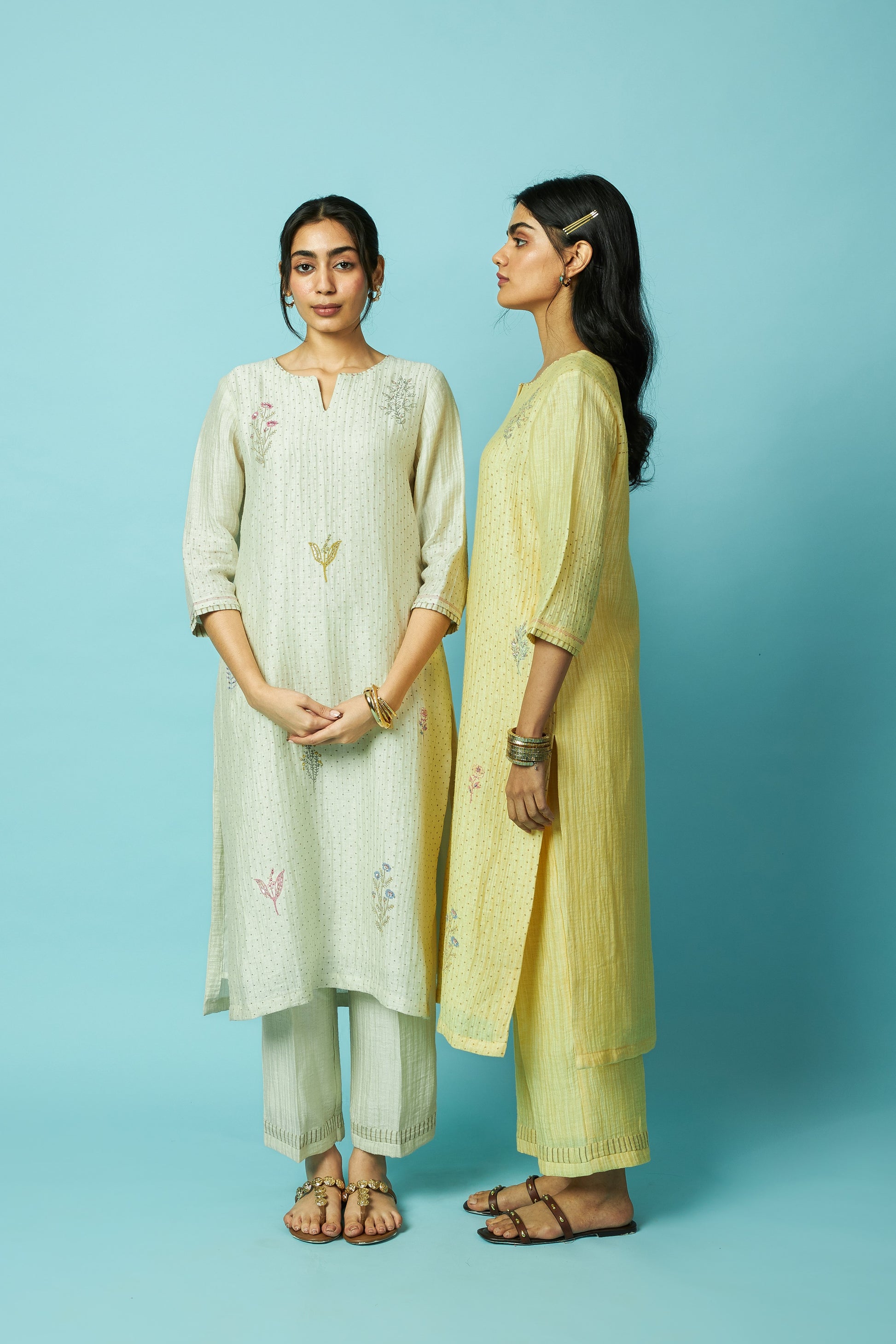 Botanical Block Printed Silk Linen Kurta Set | Oregano