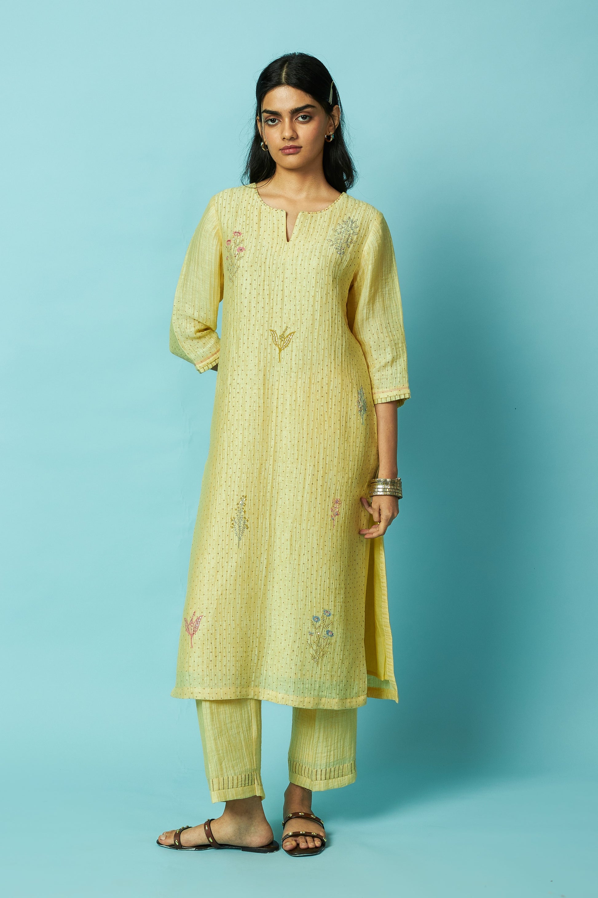 Lemon Botanical Block Printed Silk Linen Kurta Set | Oregano