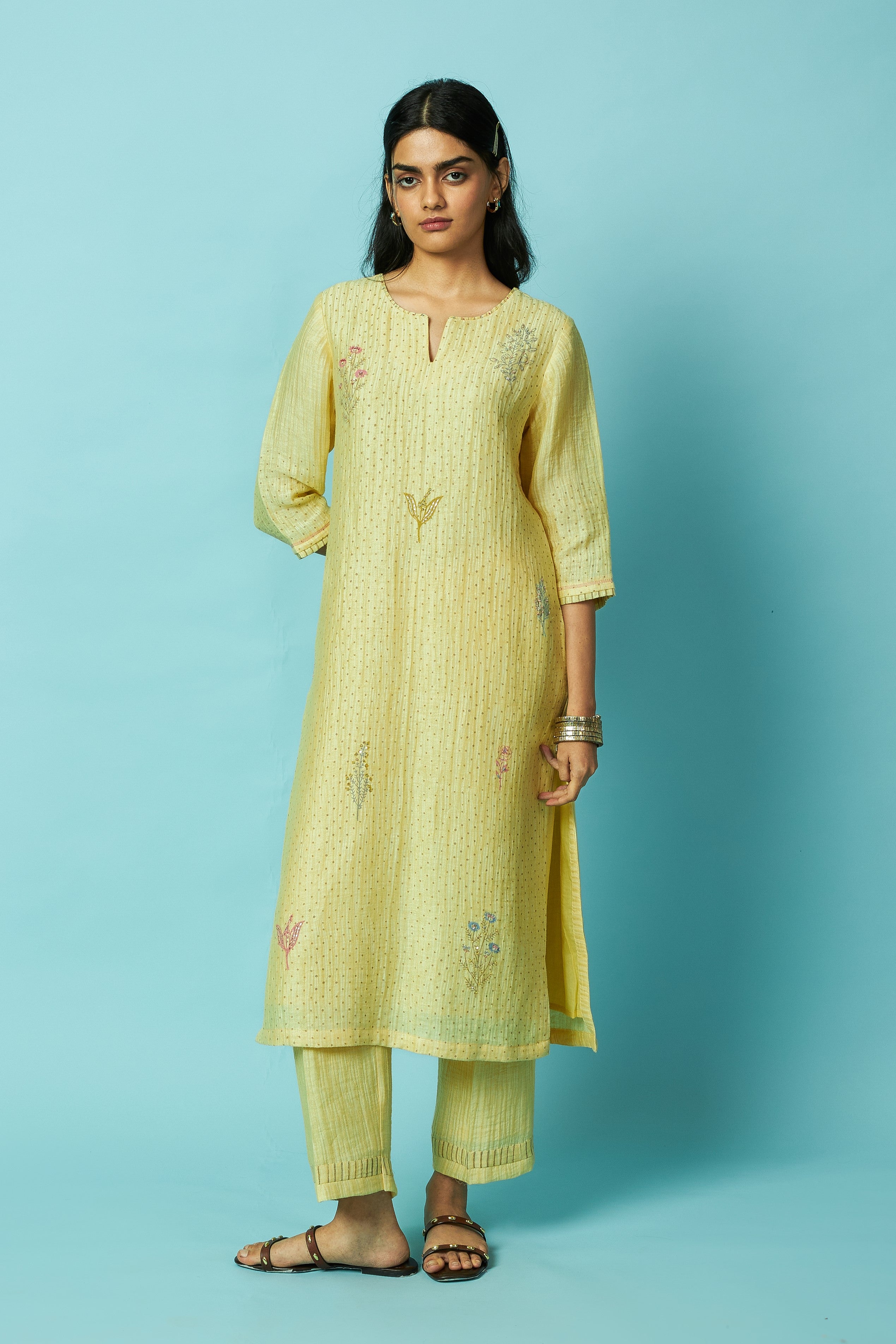 Lemon Botanical Block Printed Silk Linen Kurta Set | Oregano