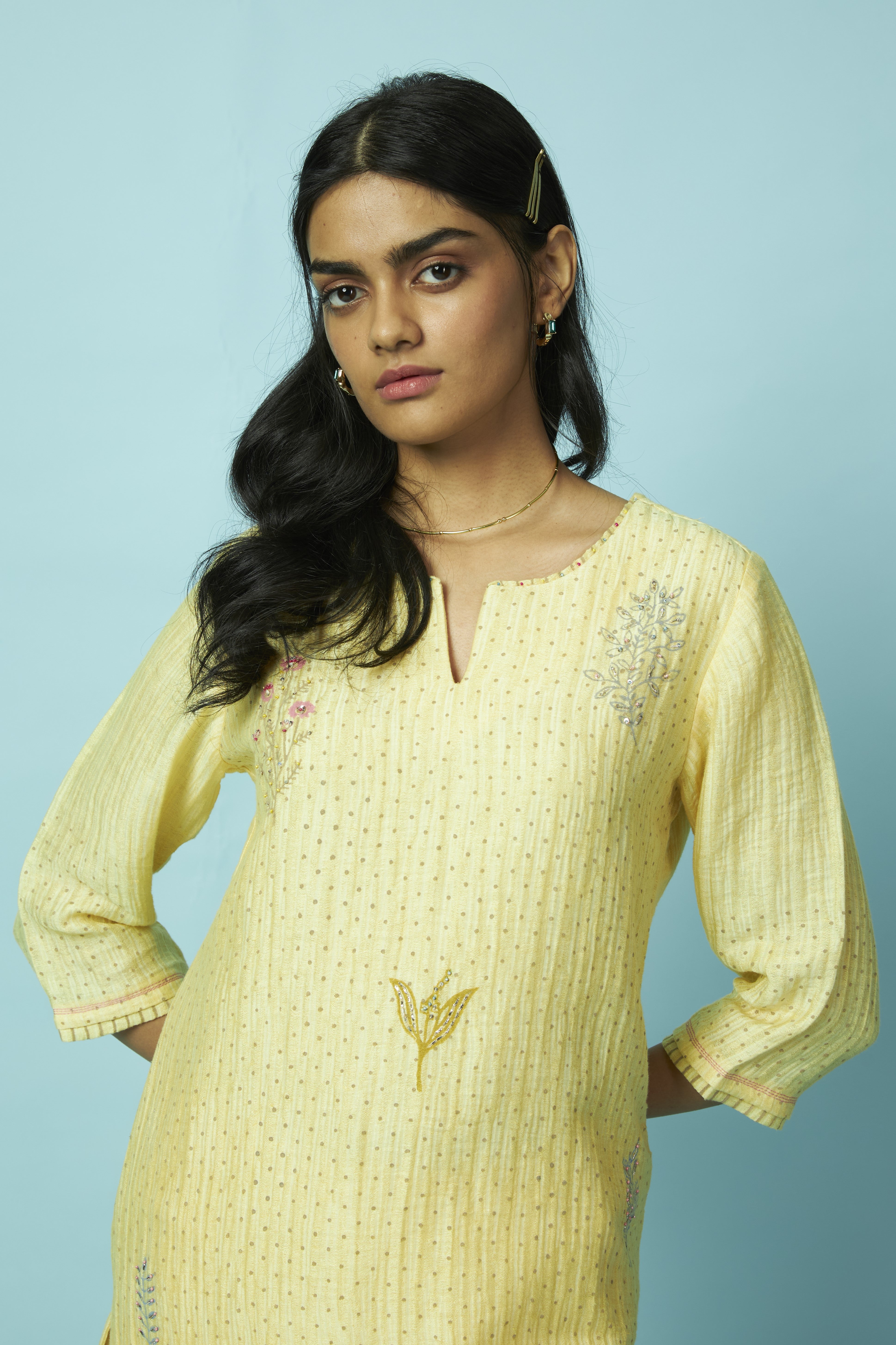 Botanical Block Printed Silk Linen Kurta Set | Oregano