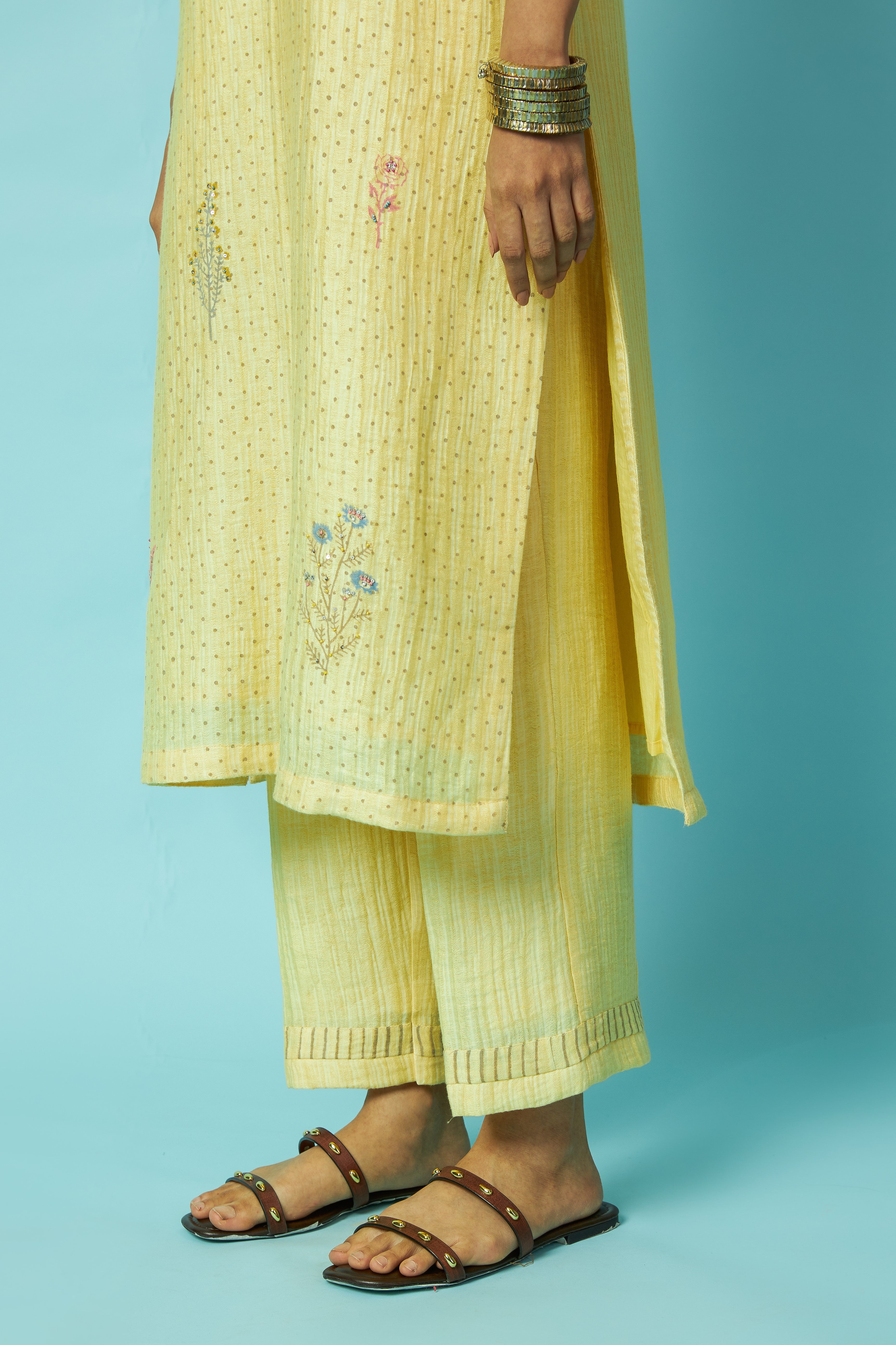 Botanical Block Printed Silk Linen Kurta Set | Oregano
