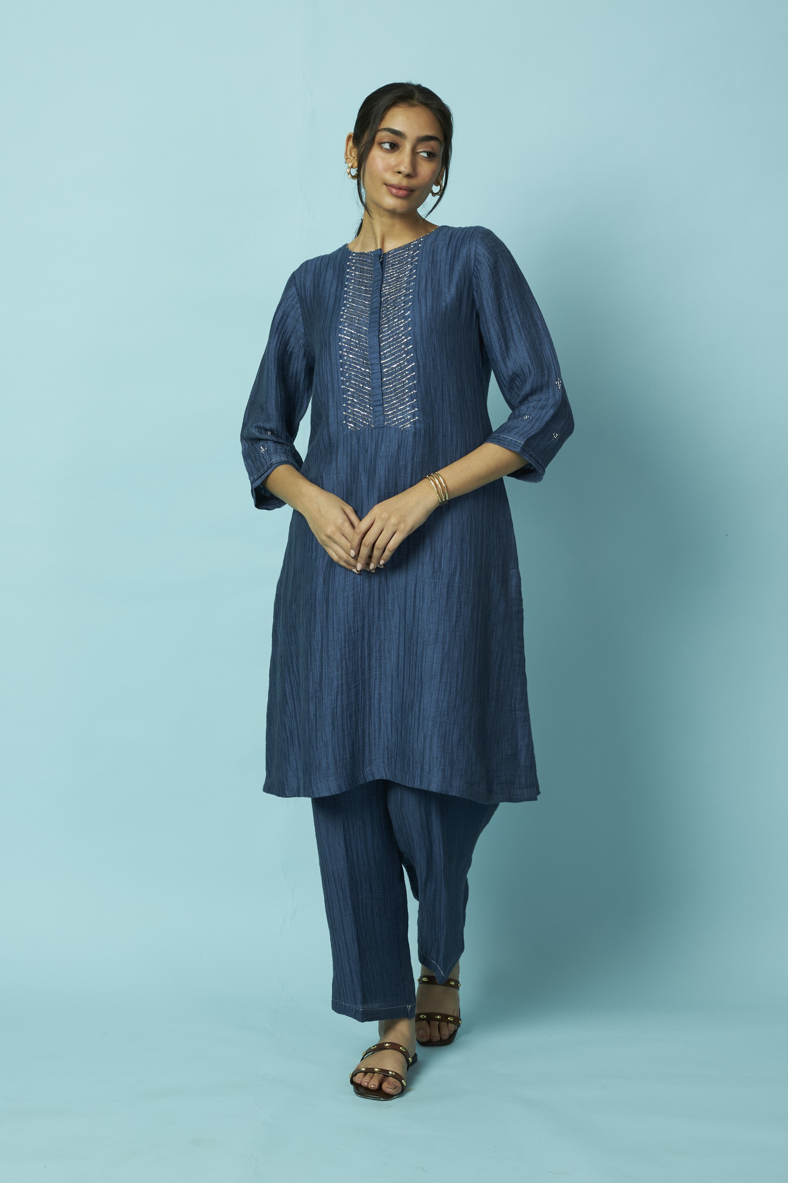 Indigo Berry Textured Silk-Linen Tunic Set with Khat Pita Placket | Oregano