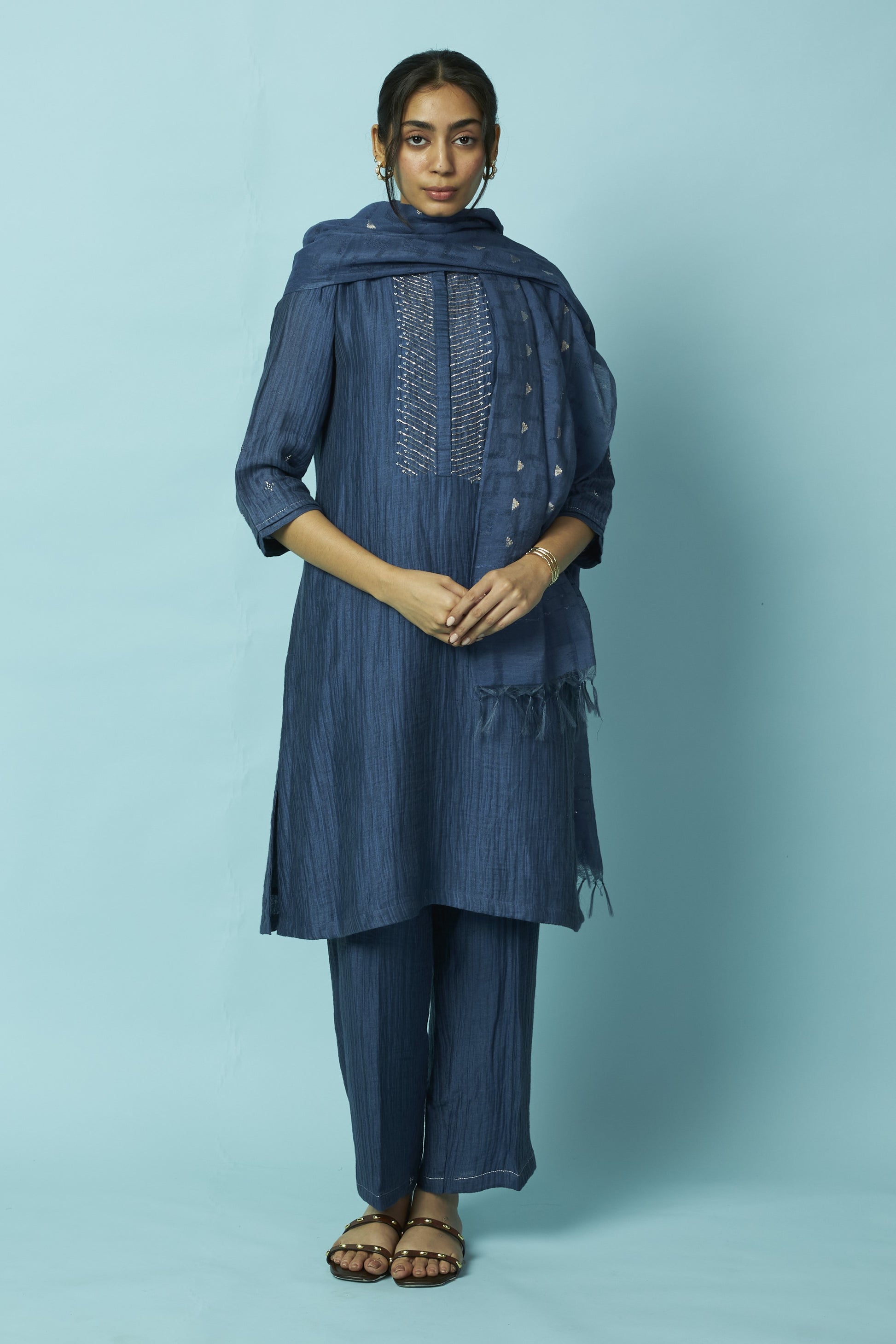 Indigo Berry Textured Silk-Linen Tunic Set with Khat Pita Placket | Oregano