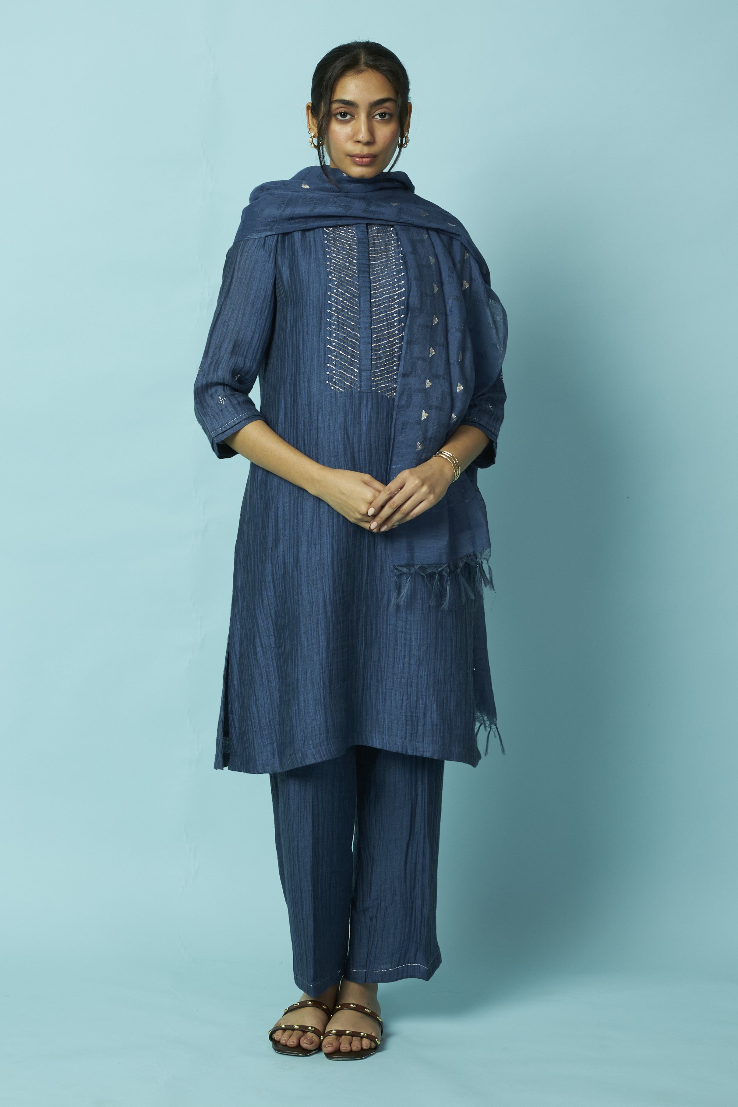 Indigo Berry Textured Silk-Linen Tunic Set with Khat Pita Placket | Oregano