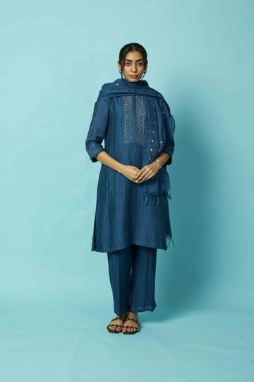 Textured Silk-Linen Indigo Kurta Set with Khat Pita Placket