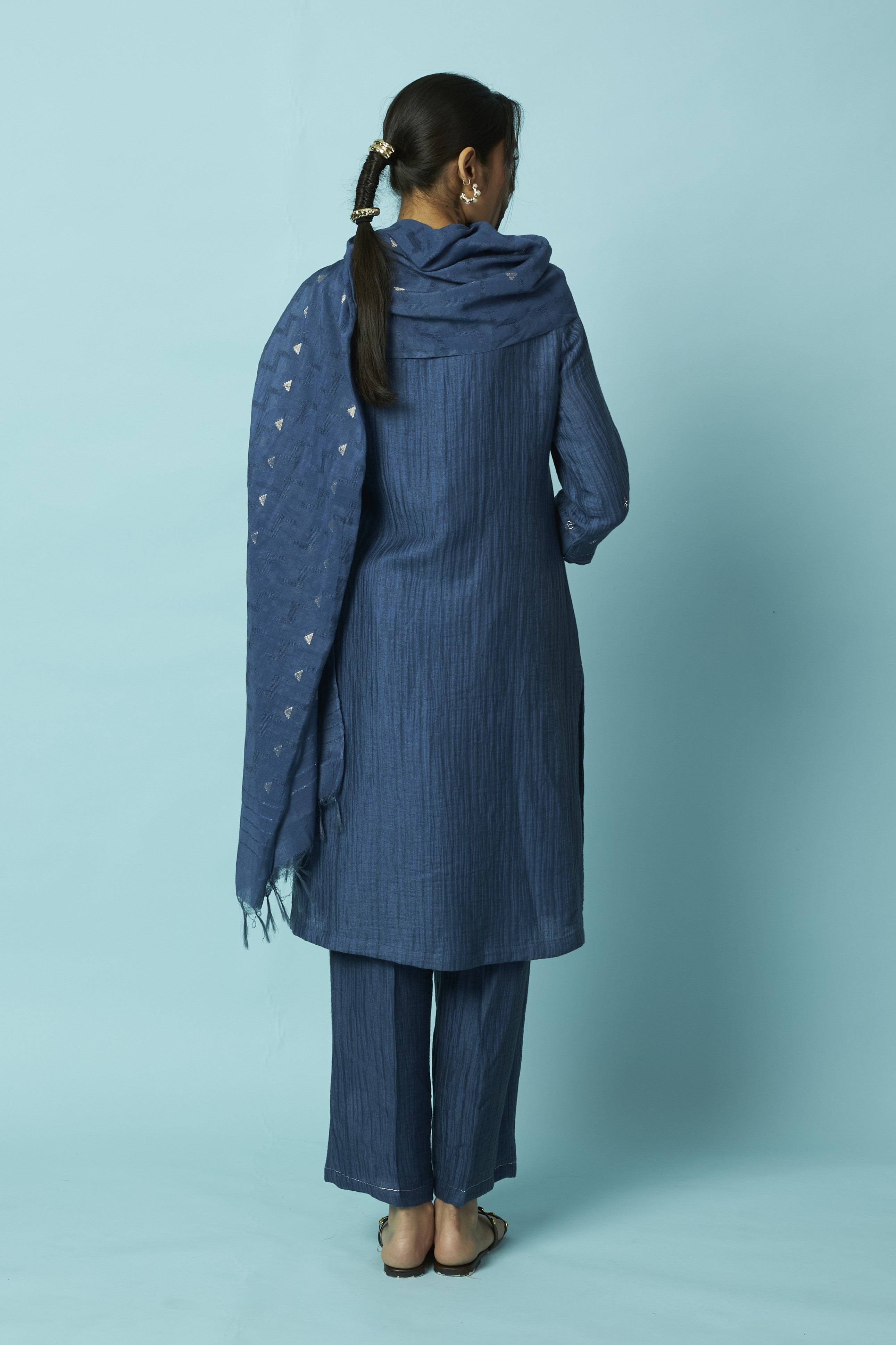 Textured Silk-Linen Tunic Set with Khat Pita Placket | Oregano