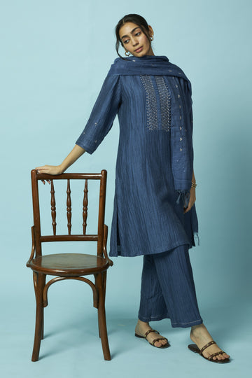 Berry Textured Silk-Linen Tunic Set with Khat Pita Placket | Oregano