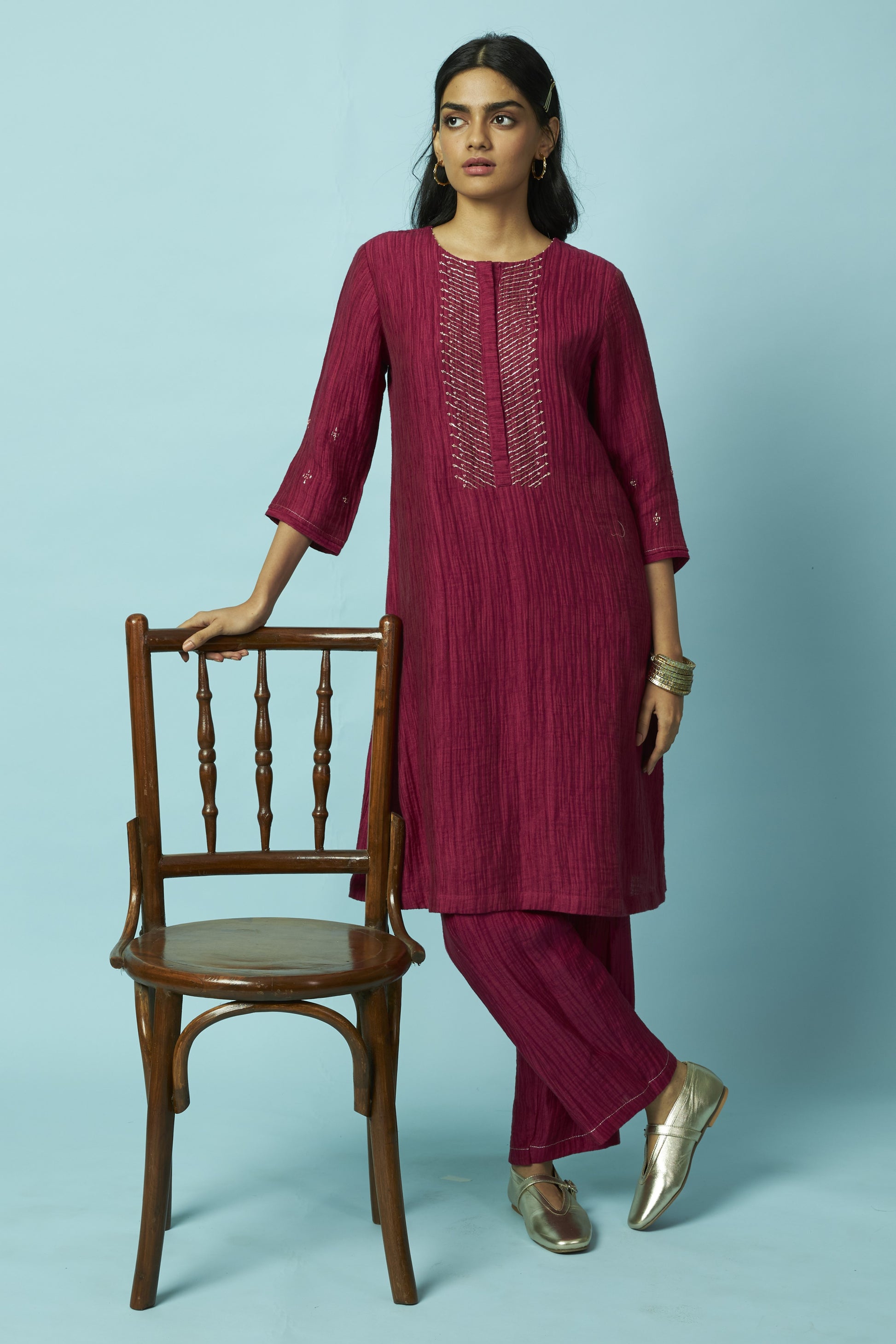 Berry Textured Silk-Linen Tunic Set with Khat Pita Placket | Oregano